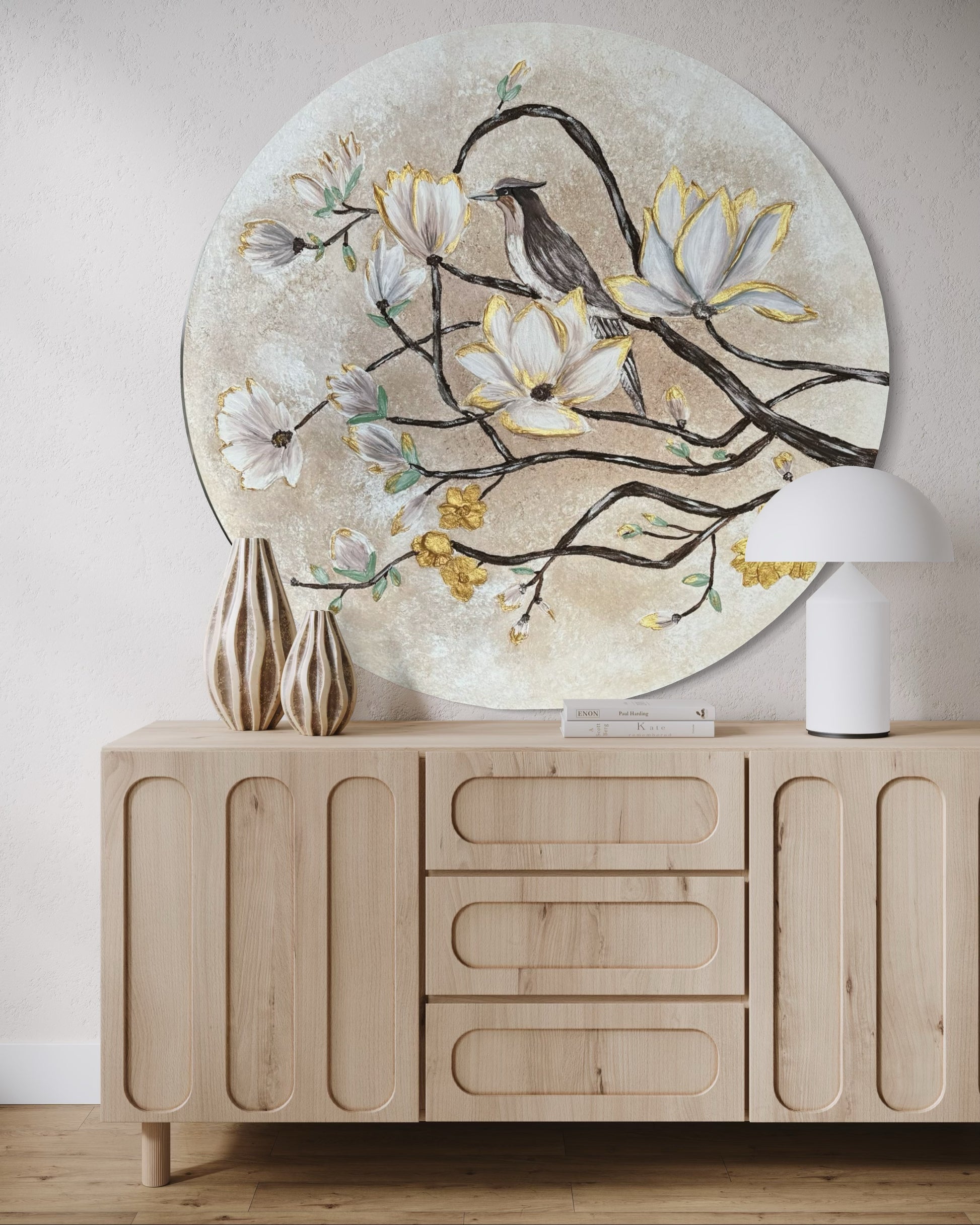 Modern 3D wall art with floral and bird design above a wooden cabinet.