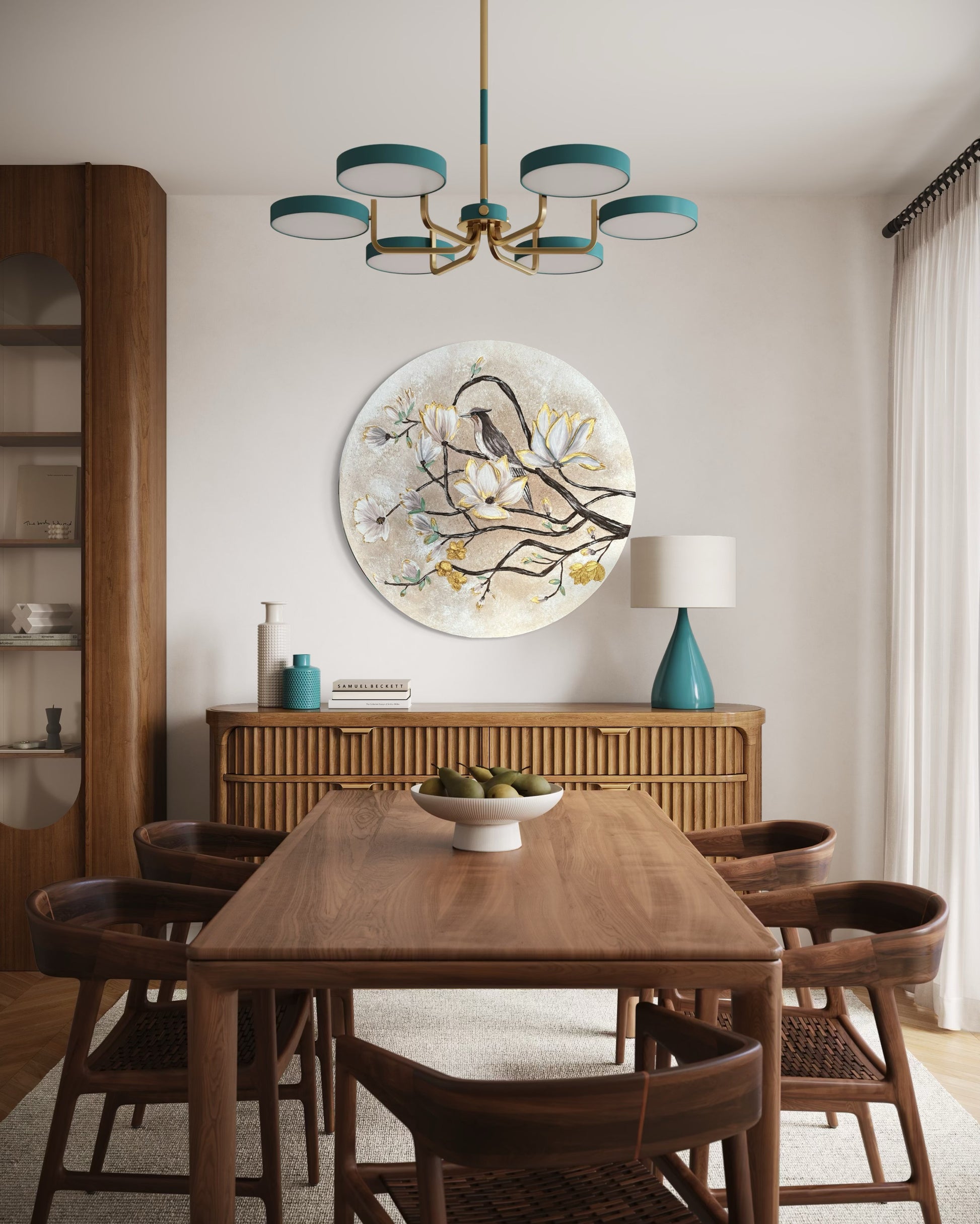 Dining room with wooden table and chairs, decorative wall art, and modern chandelier.