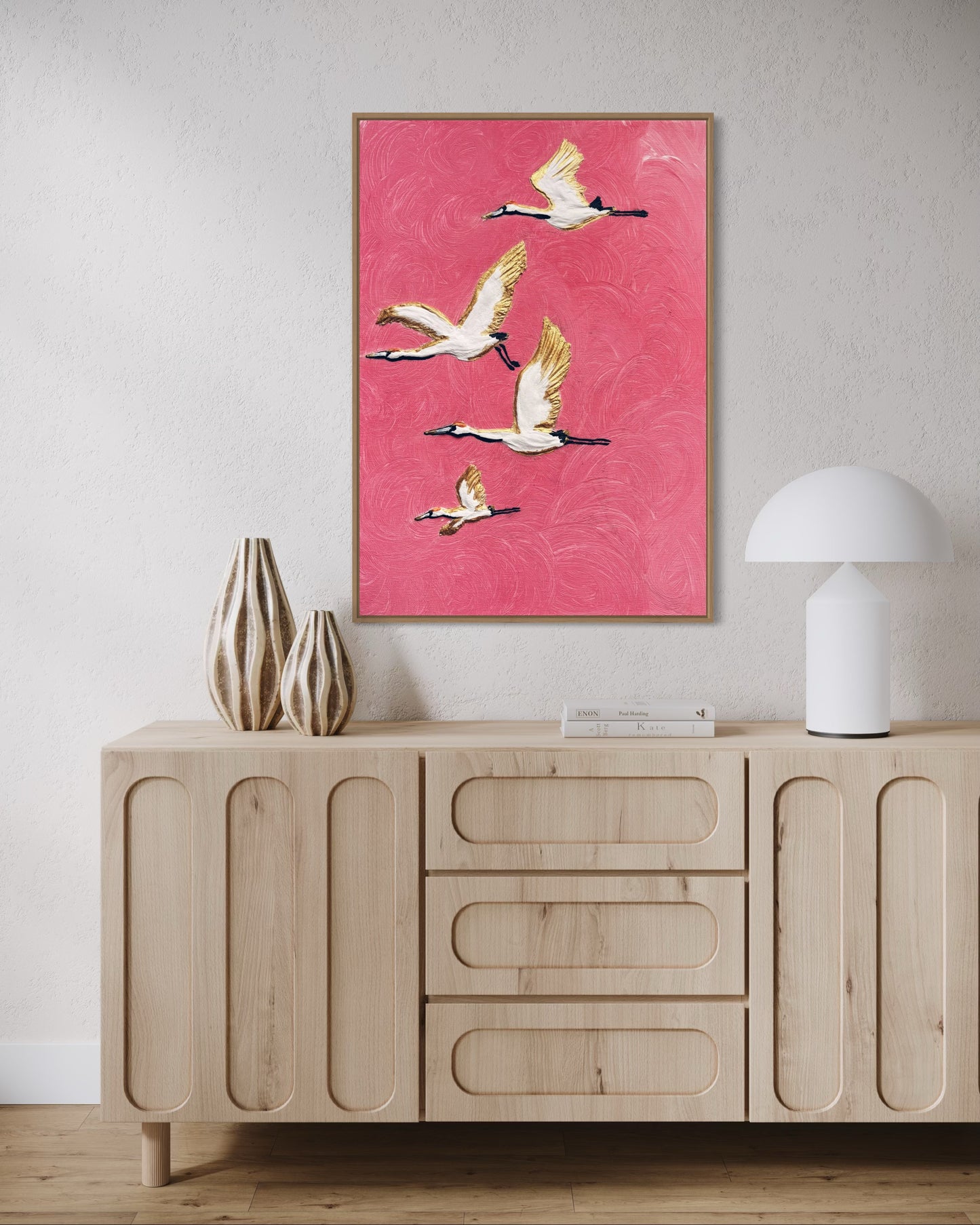 Cranes abstract wall art with 3d flying birds
