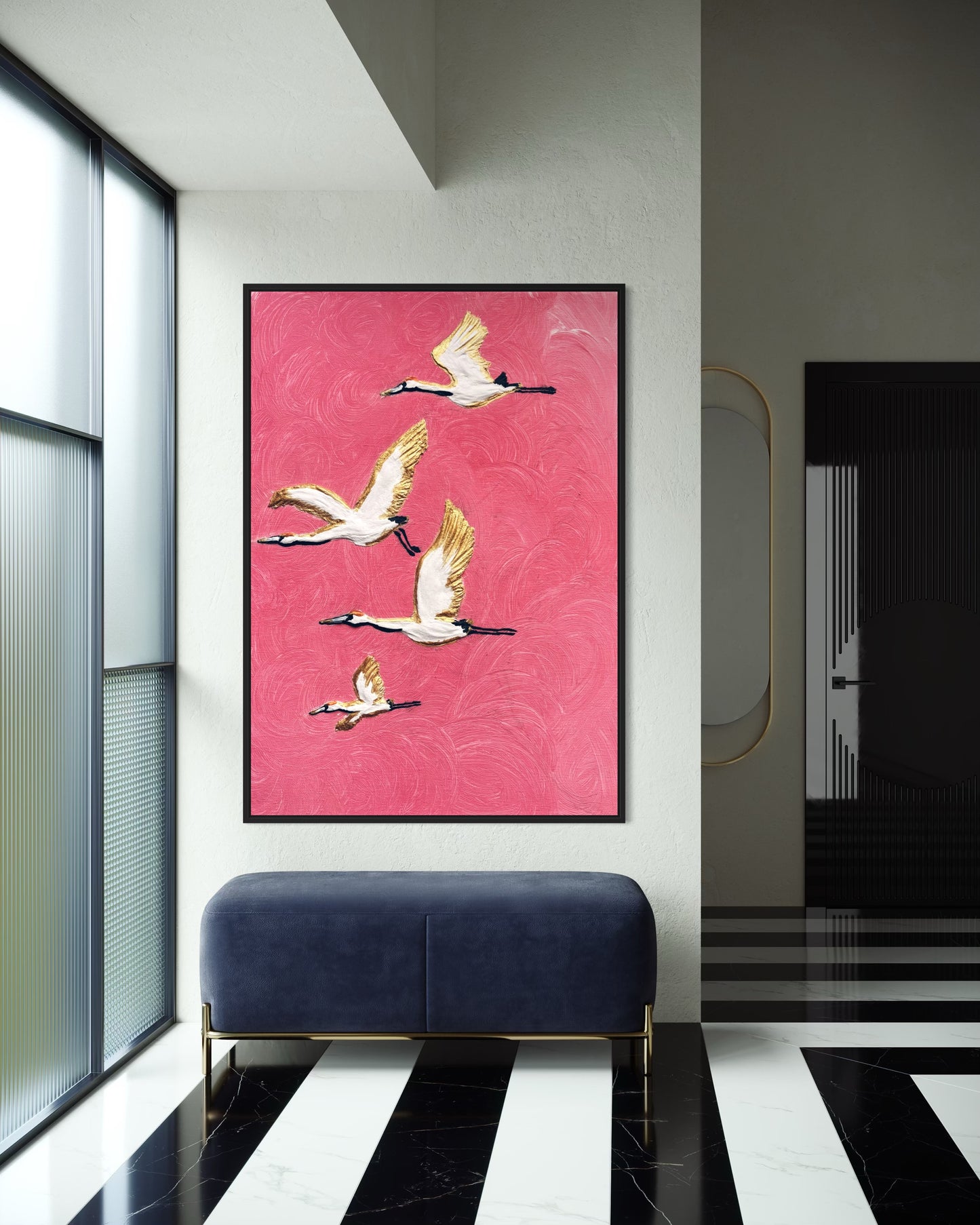 obraz abstrakcyjny ptaki na różowym tle