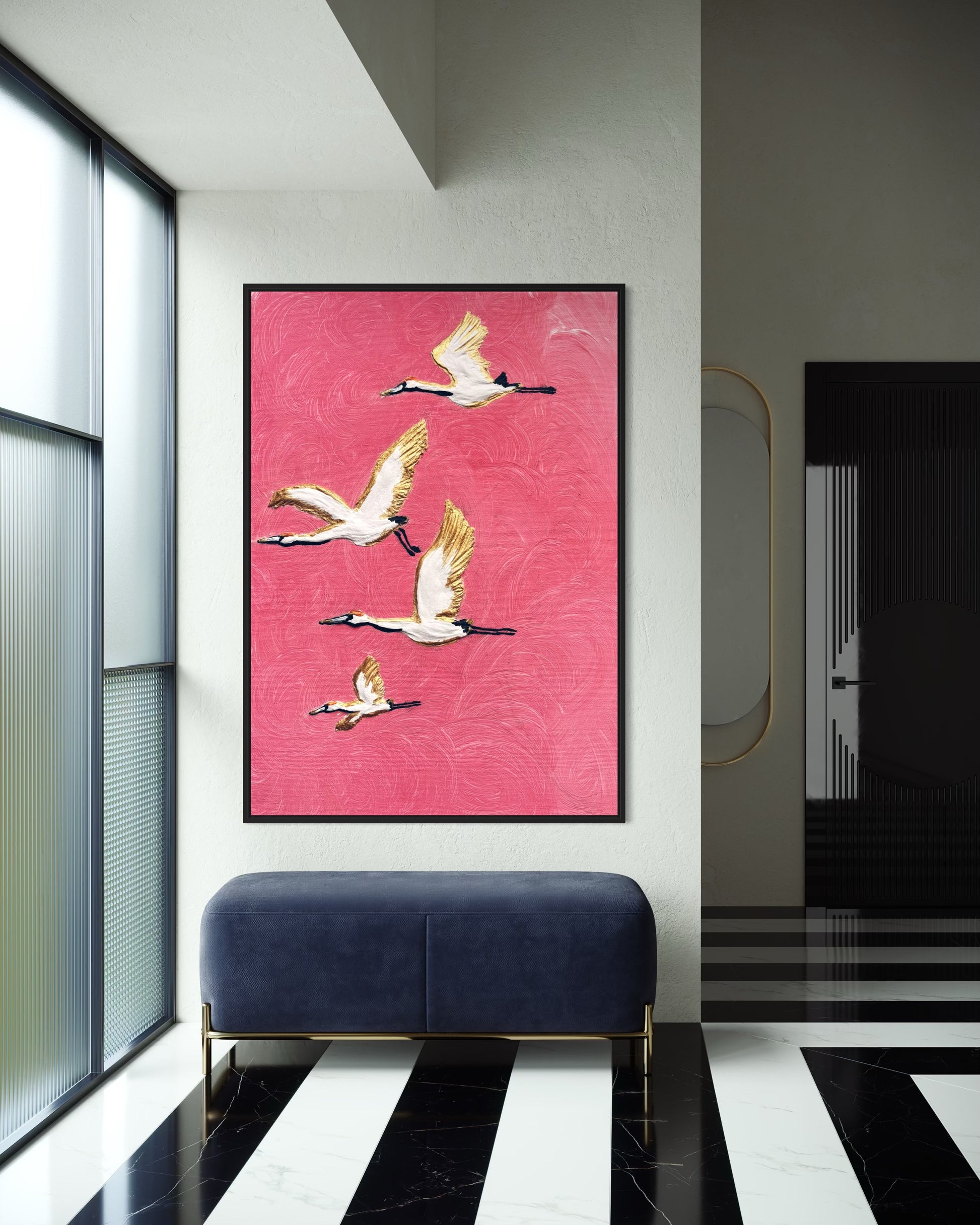 obraz abstrakcyjny ptaki na różowym tle