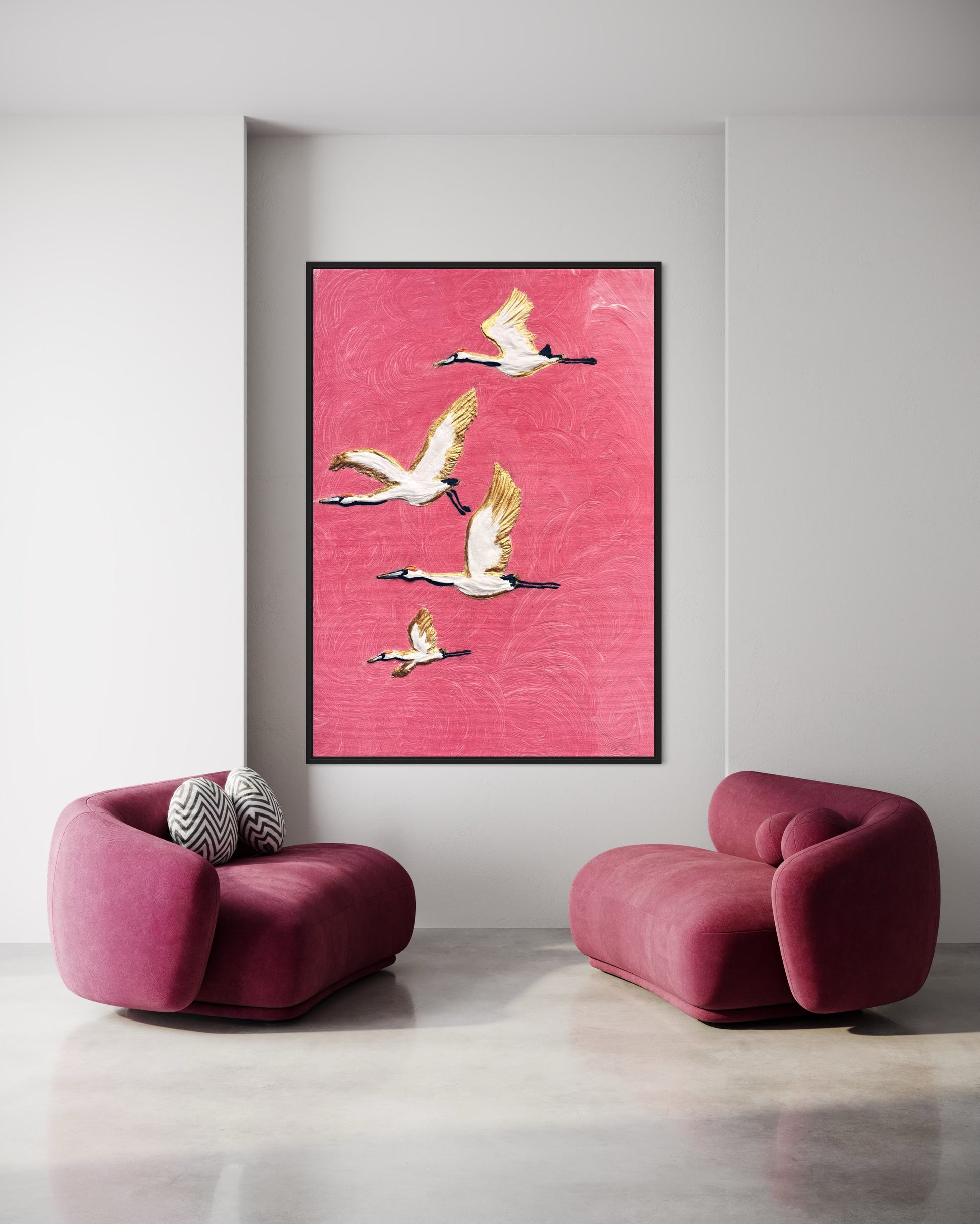 obraz abstrakcyjny, latające taki na różowym tle ze złotym , obraz do nowoczesnych wnętrz w stylu glamour 