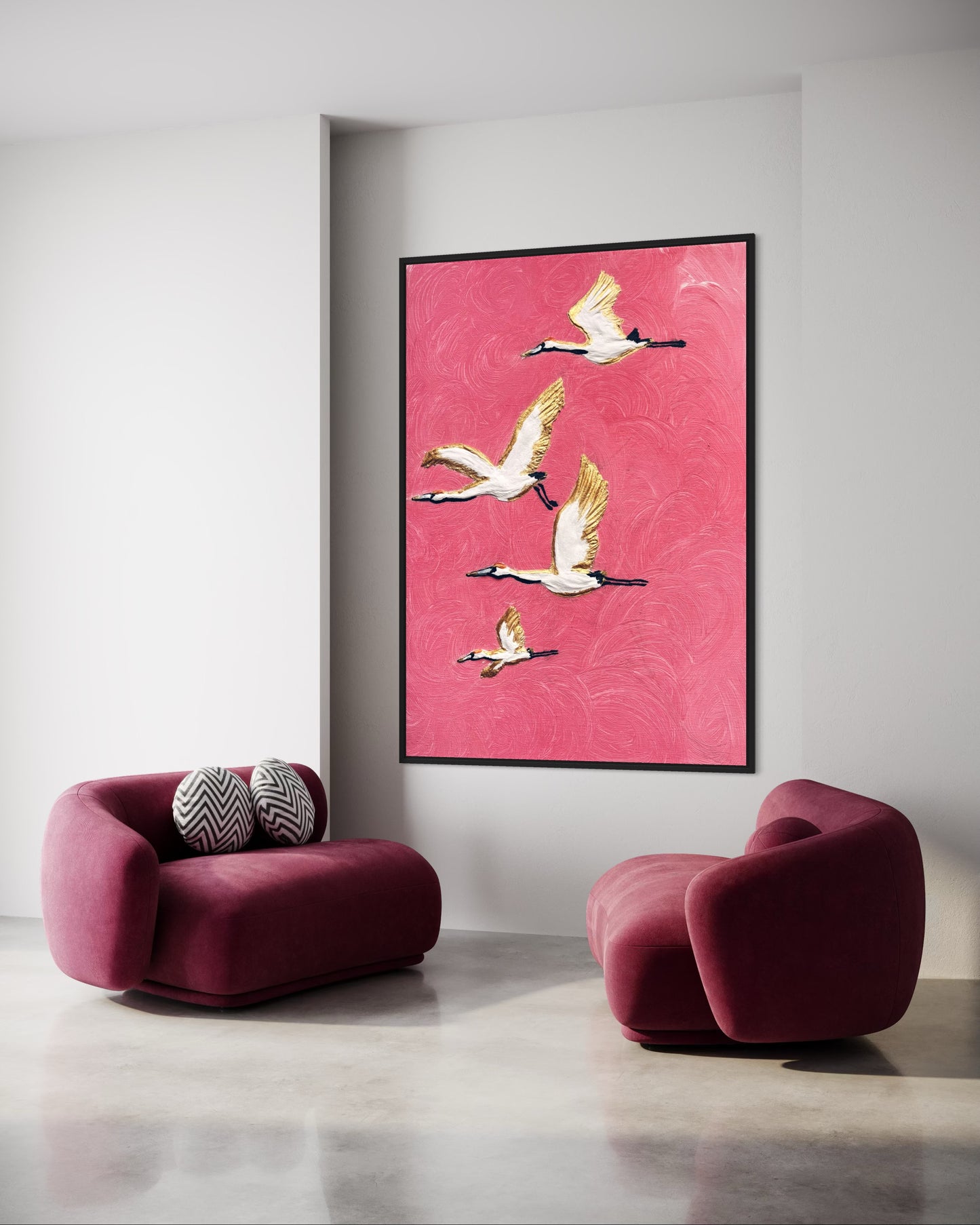 obraz abstrakcyjny, latające taki na różowym tle ze złotym , obraz do nowoczesnych wnętrz w stylu glamour 