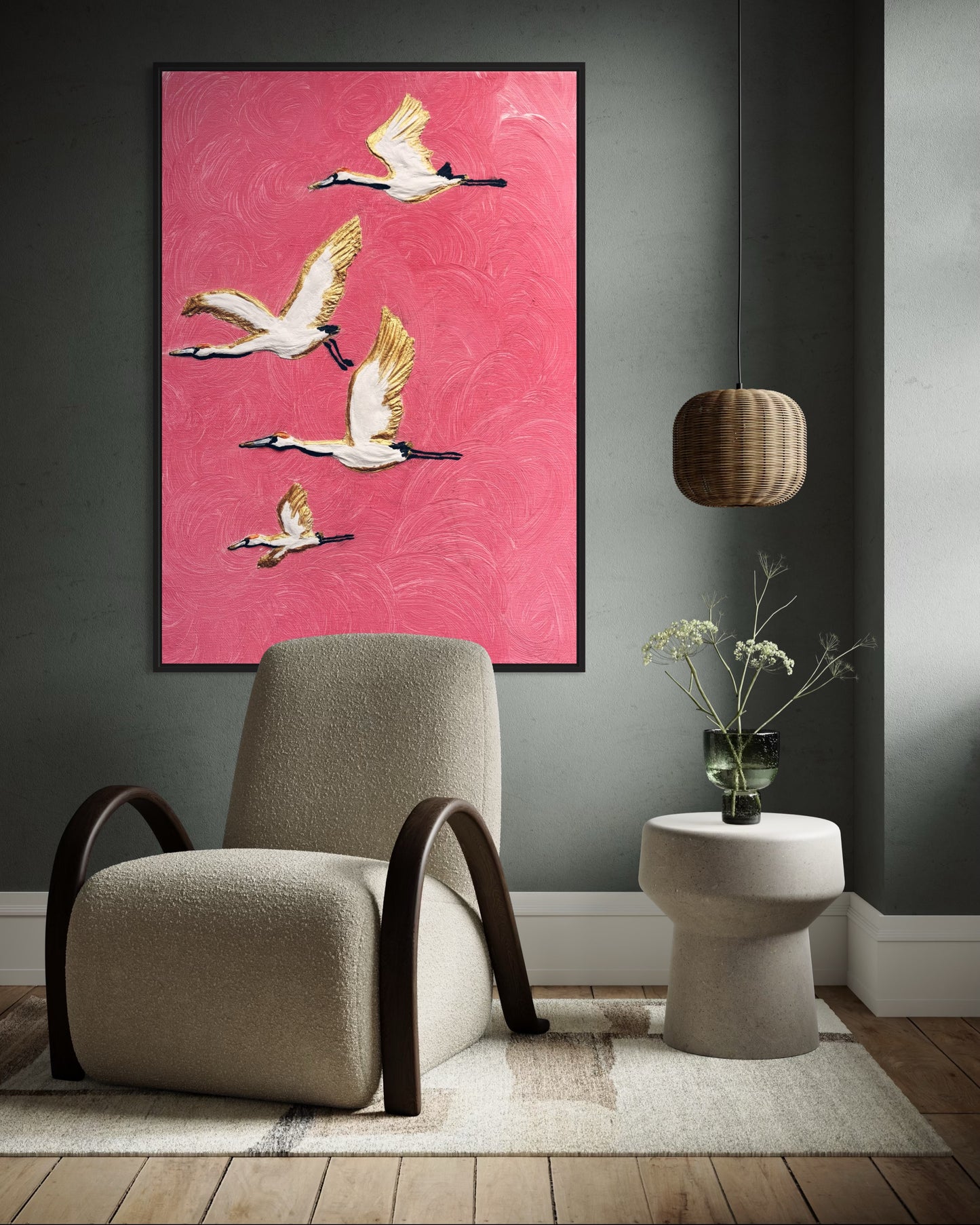 obraz abstrakcyjny, latające taki na różowym tle ze złotym , obraz do nowoczesnych wnętrz w stylu glamour 