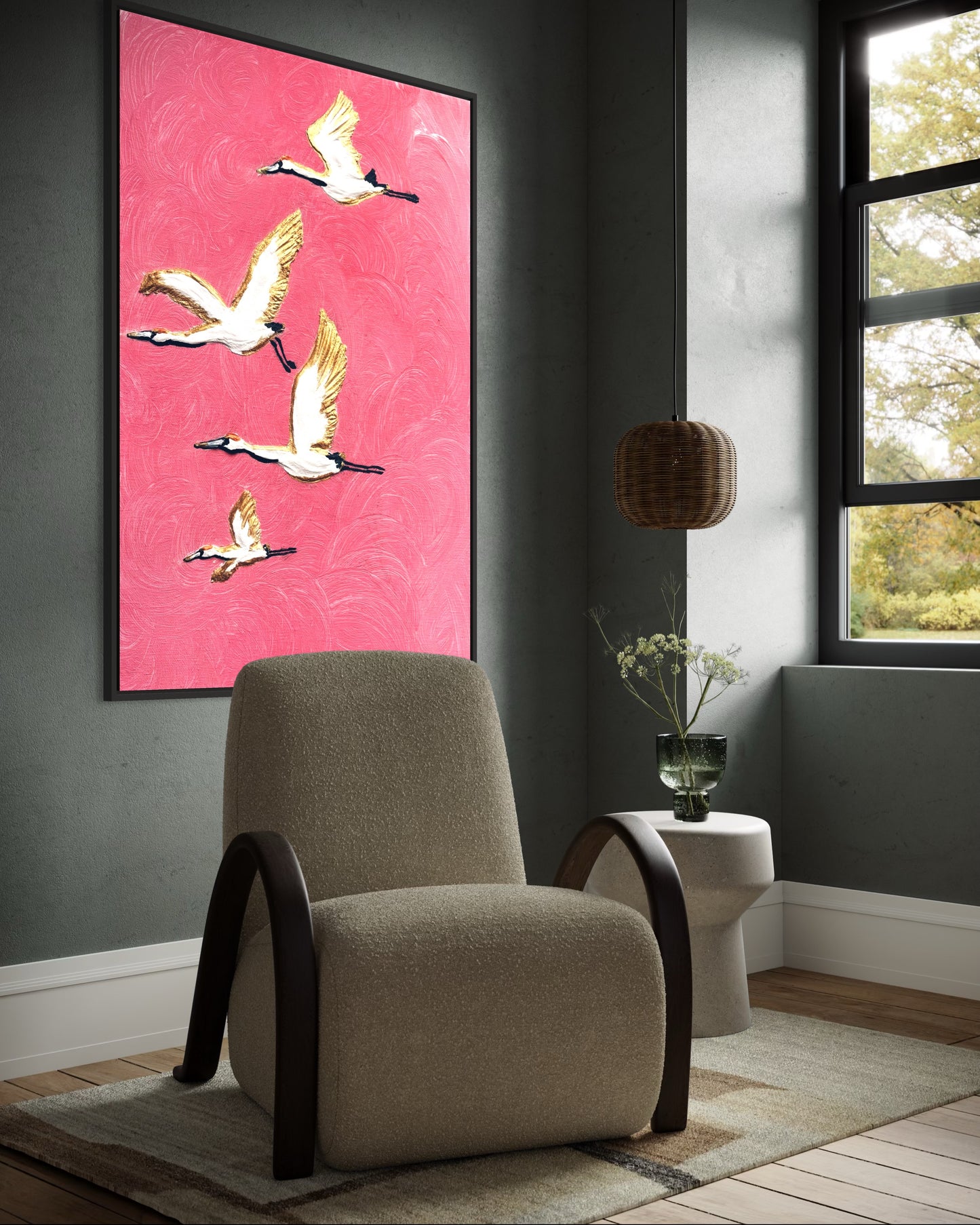 obraz abstrakcyjny, latające taki na różowym tle ze złotym , obraz do nowoczesnych wnętrz w stylu glamour 