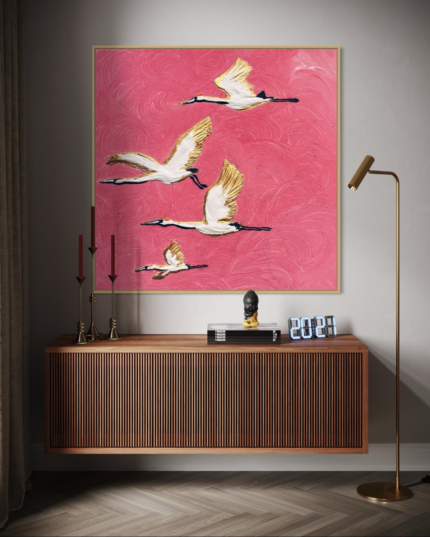 obraz abstrakcyjny, latające taki na różowym tle ze złotym , obraz do nowoczesnych wnętrz w stylu glamour 