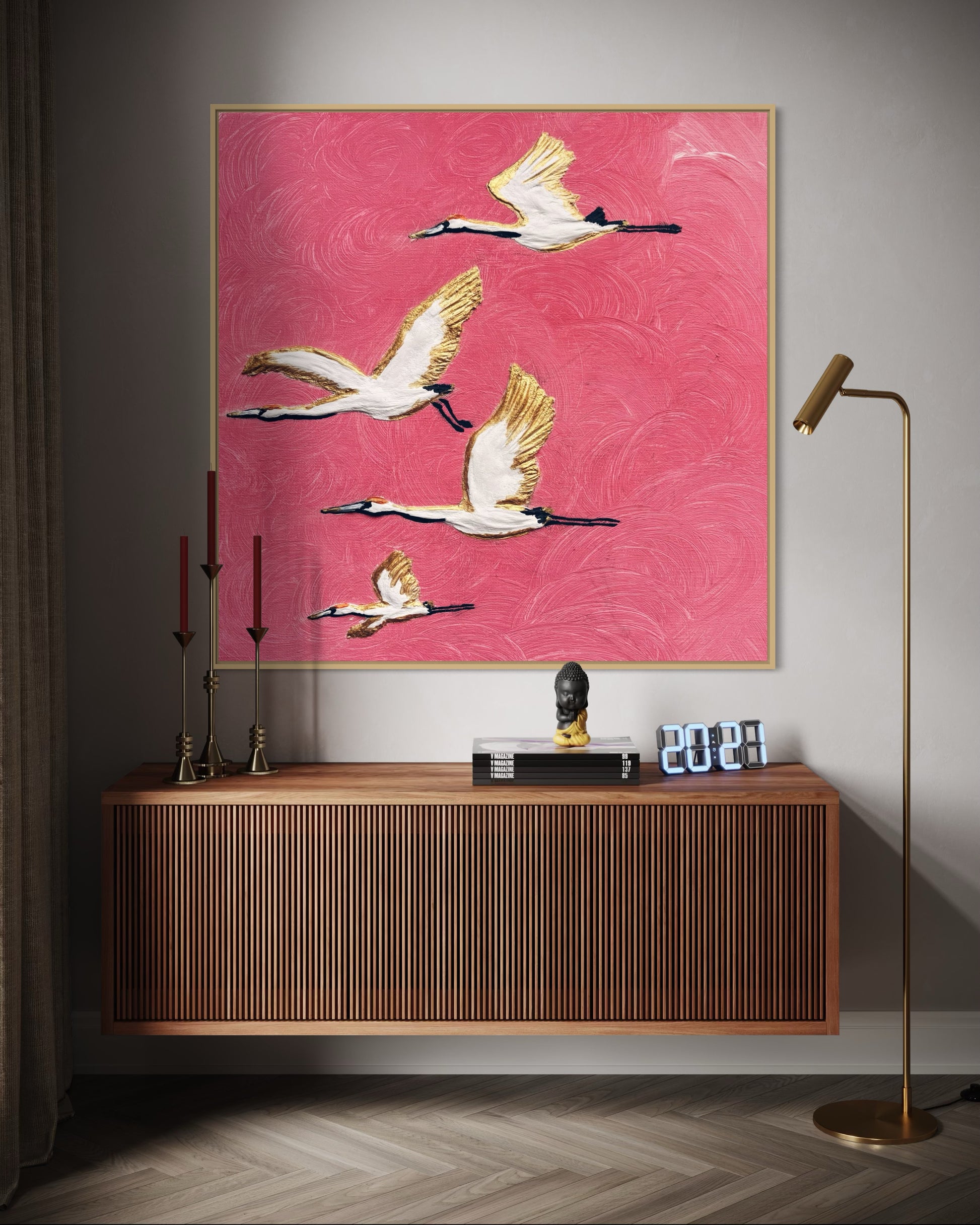 obraz abstrakcyjny, latające taki na różowym tle ze złotym , obraz do nowoczesnych wnętrz w stylu glamour 