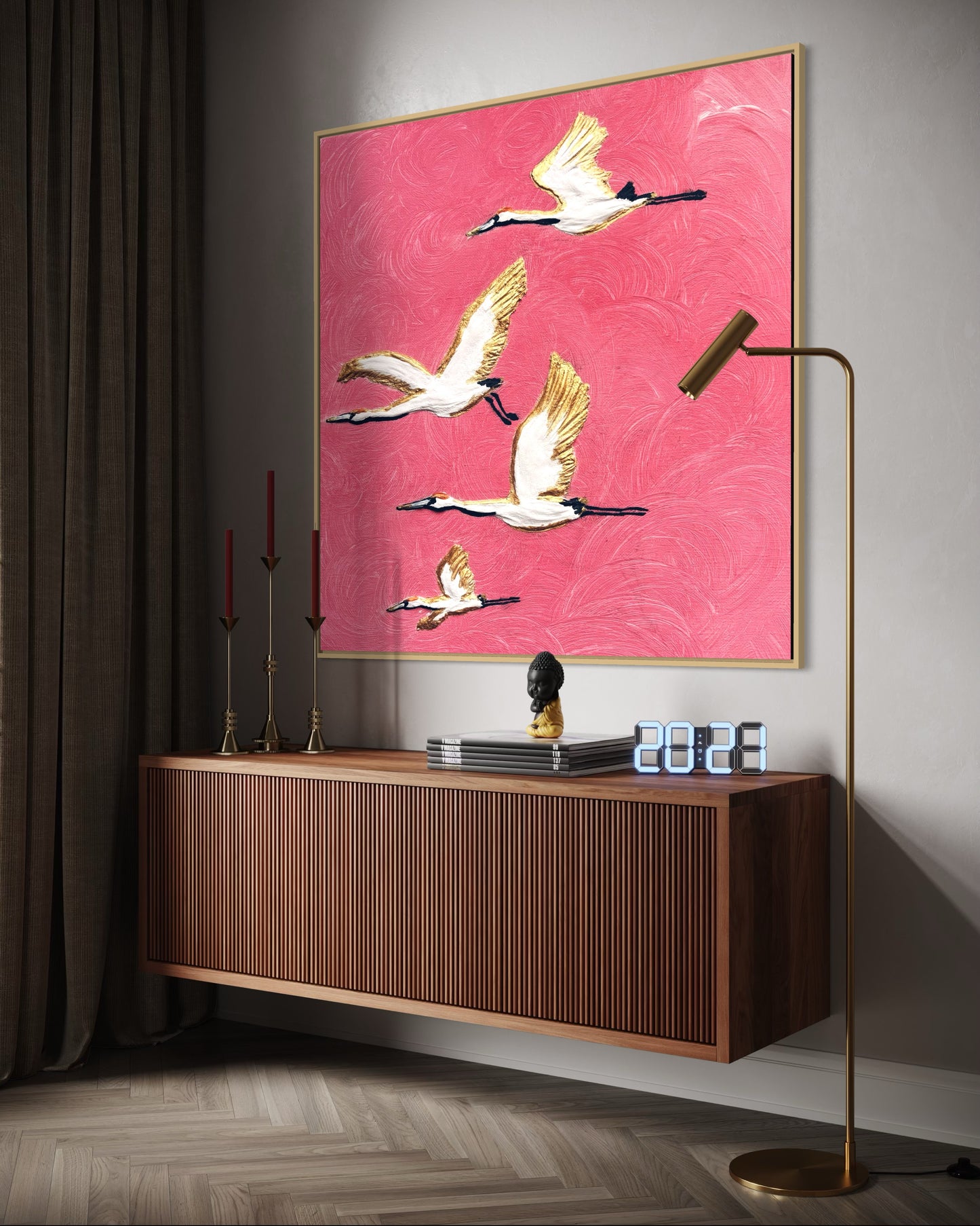obraz abstrakcyjny, latające taki na różowym tle ze złotym , obraz do nowoczesnych wnętrz w stylu glamour 