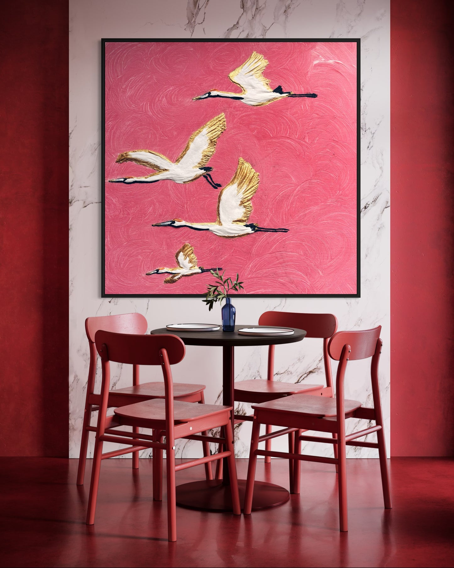 obraz abstrakcyjny, latające taki na różowym tle ze złotym , obraz do nowoczesnych wnętrz w stylu glamour 