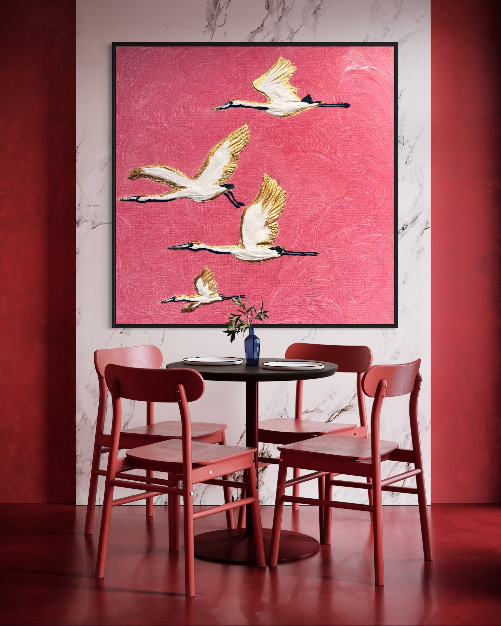 obraz abstrakcyjny, latające taki na różowym tle ze złotym , obraz do nowoczesnych wnętrz w stylu glamour 