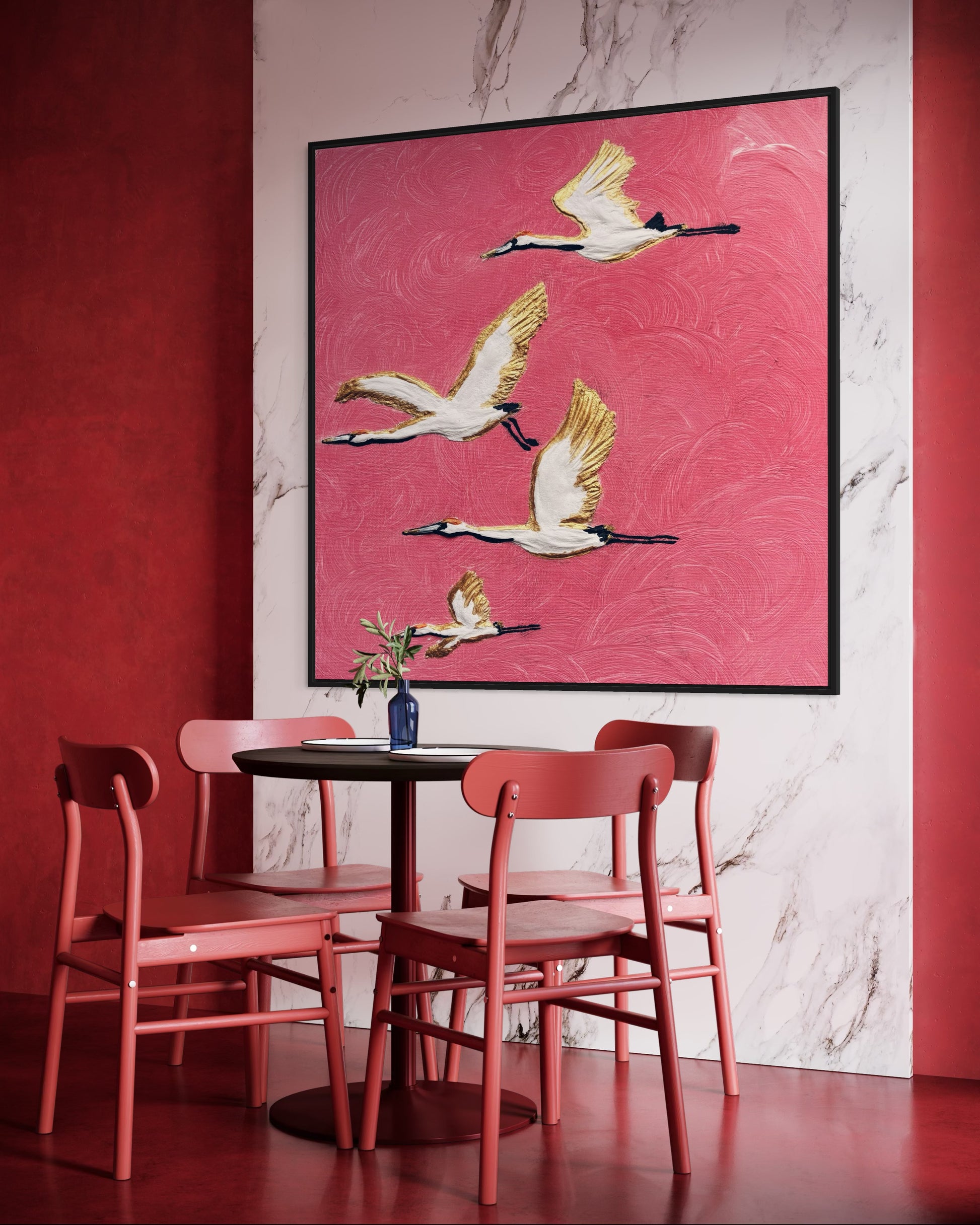 obraz abstrakcyjny, latające taki na różowym tle ze złotym , obraz do nowoczesnych wnętrz w stylu glamour 