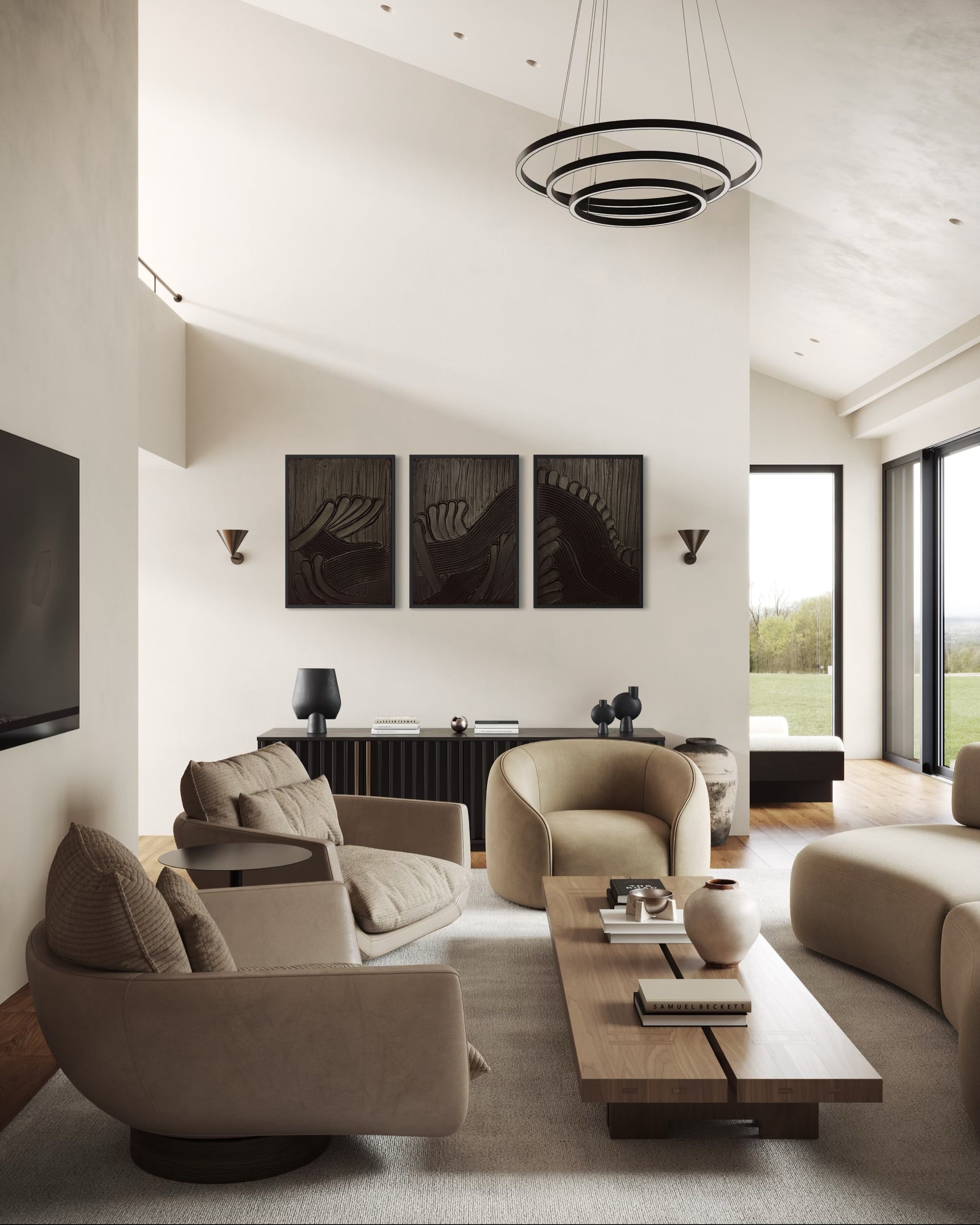 Black textured abstract triptych MAZU on stretched canvas in minimalist style