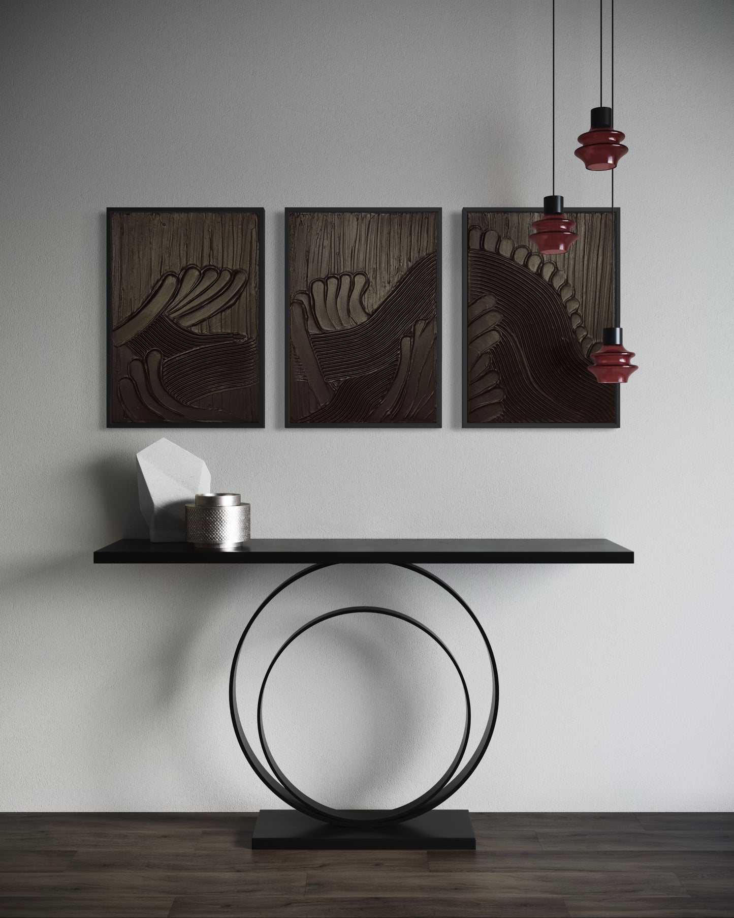 Minimalist black textured wall art MAZU – handmade abstract triptych