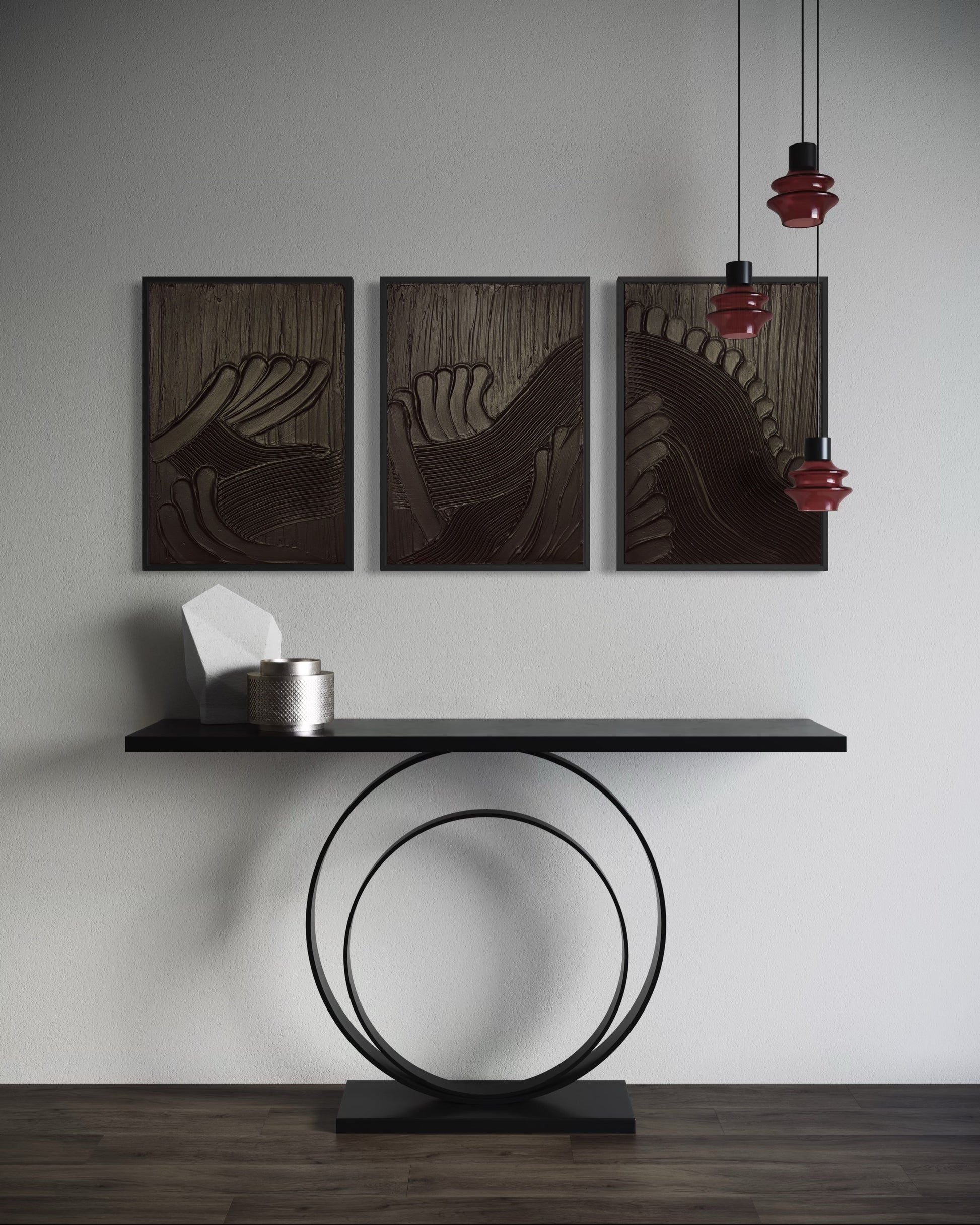 Minimalist black textured wall art MAZU – handmade abstract triptych