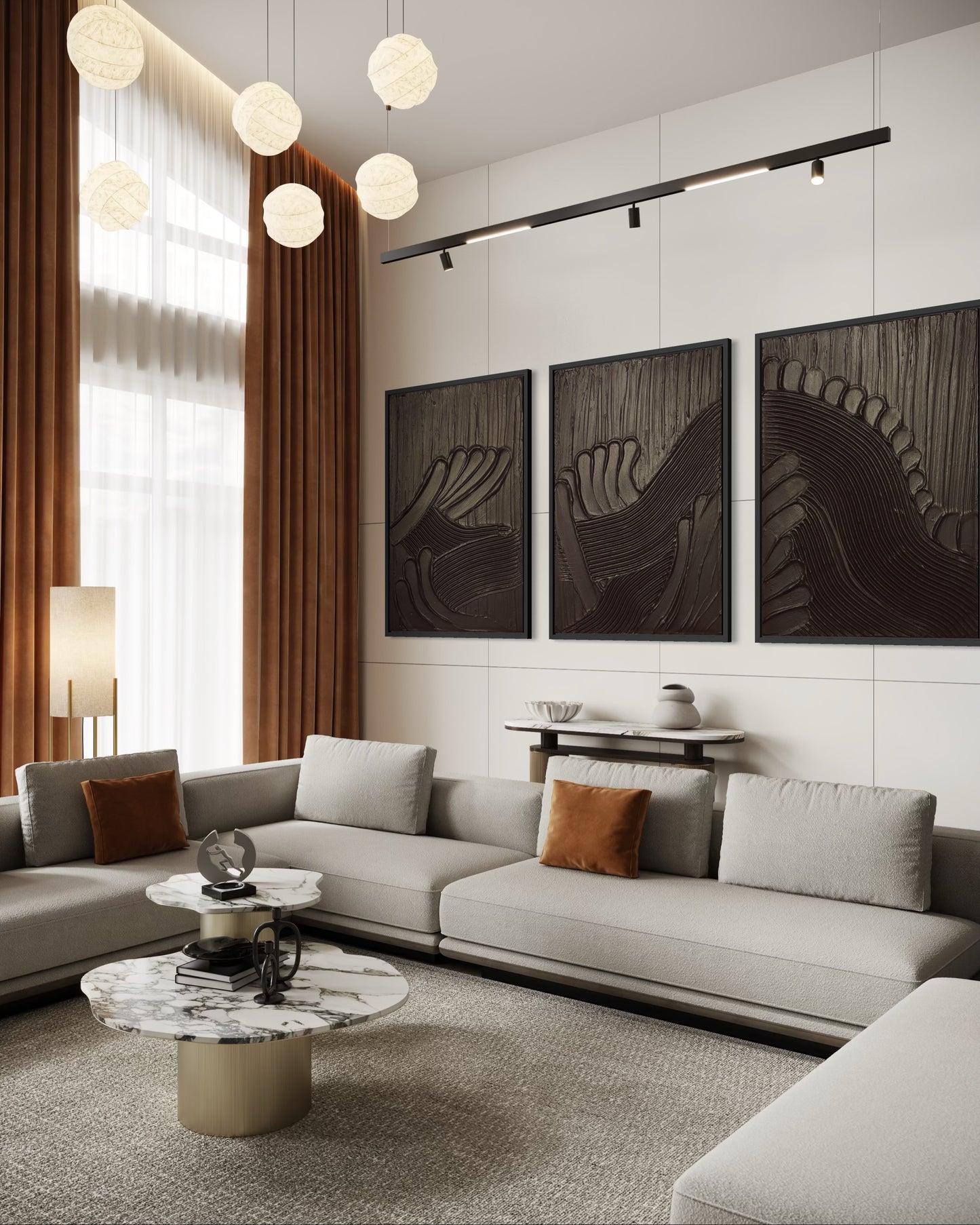 Black textured triptych MAZU with frame displayed in a contemporary interior