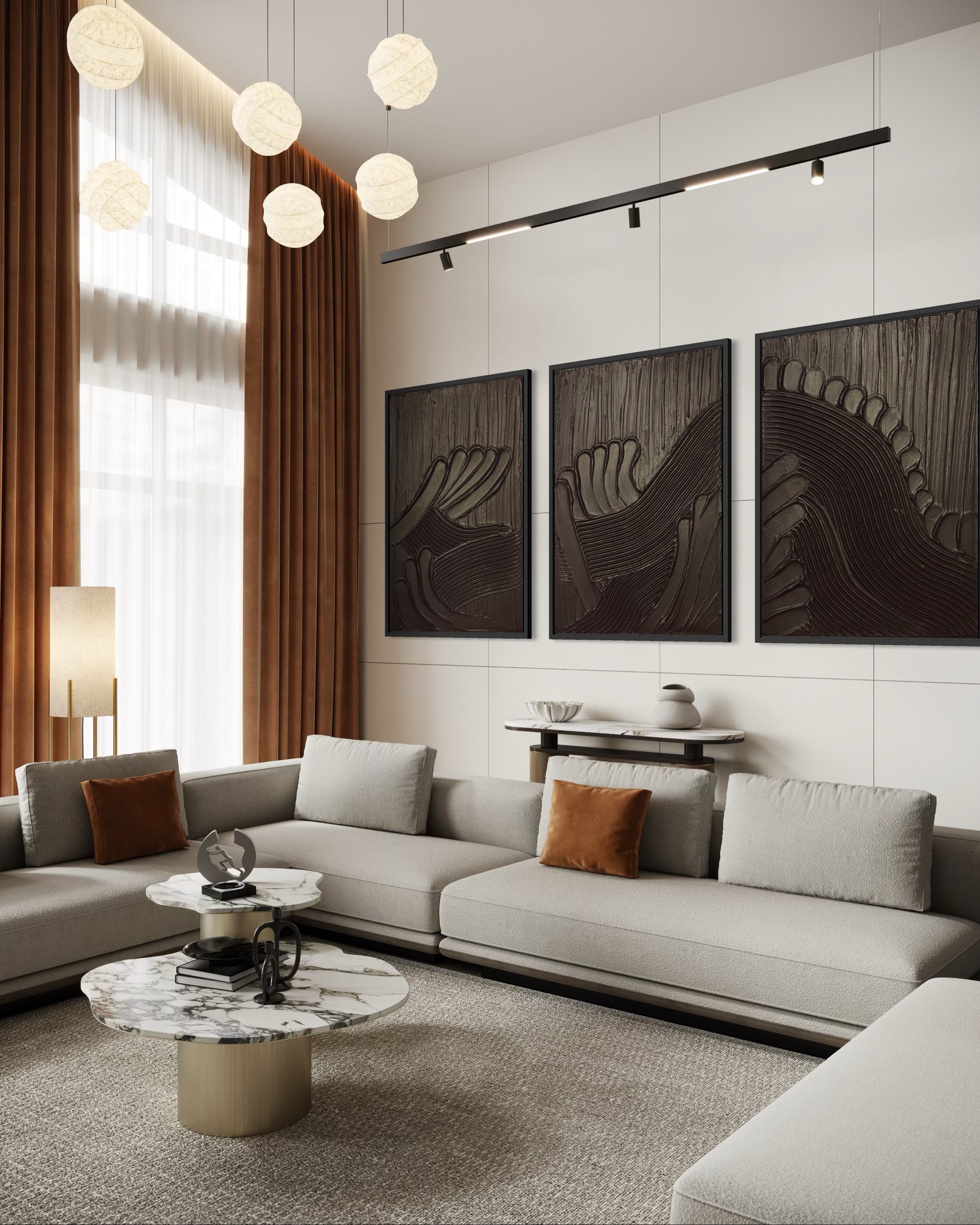 Black textured triptych MAZU with frame displayed in a contemporary interior