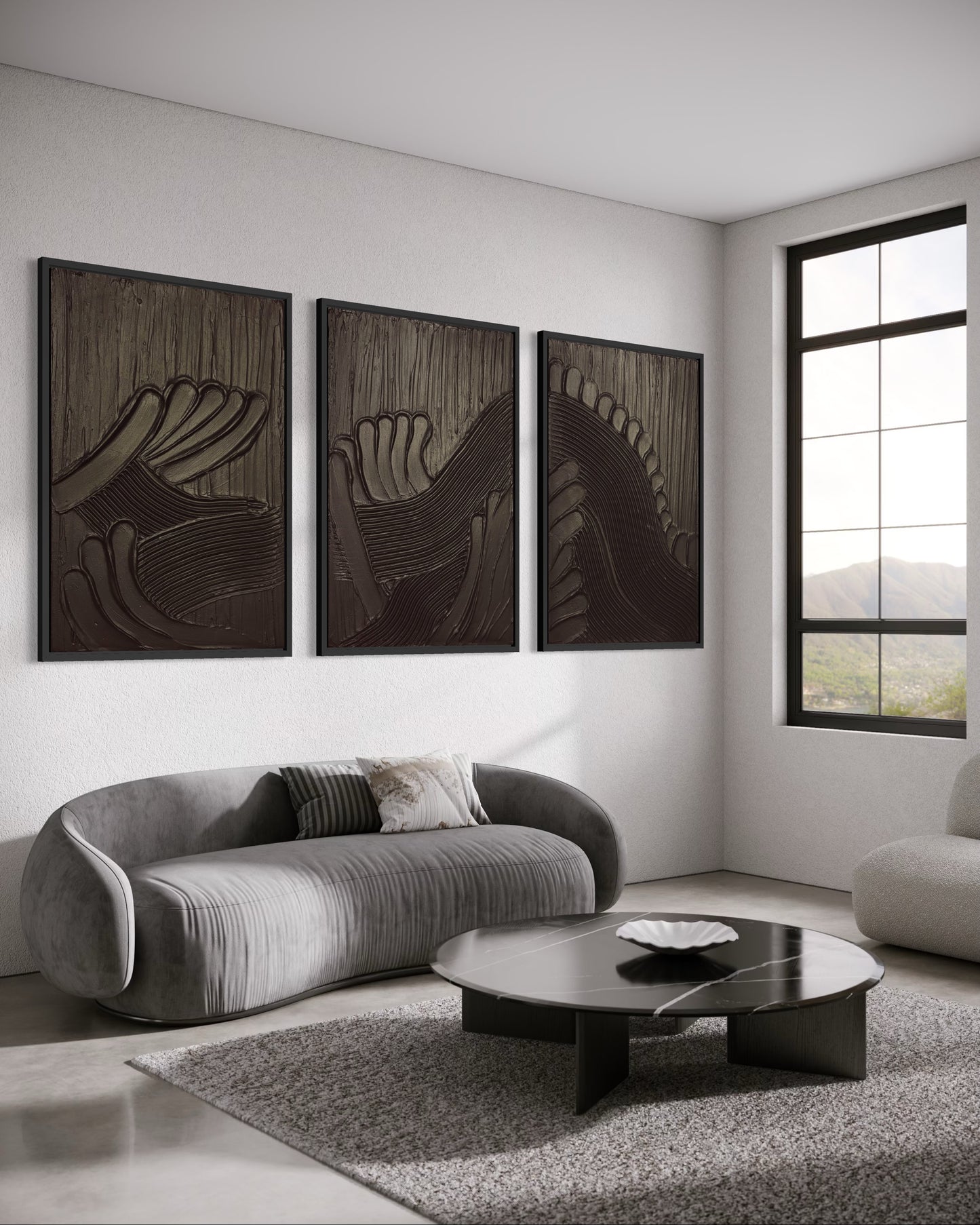 Modern living room with a gray sofa, wooden coffee table, and abstract wall art.