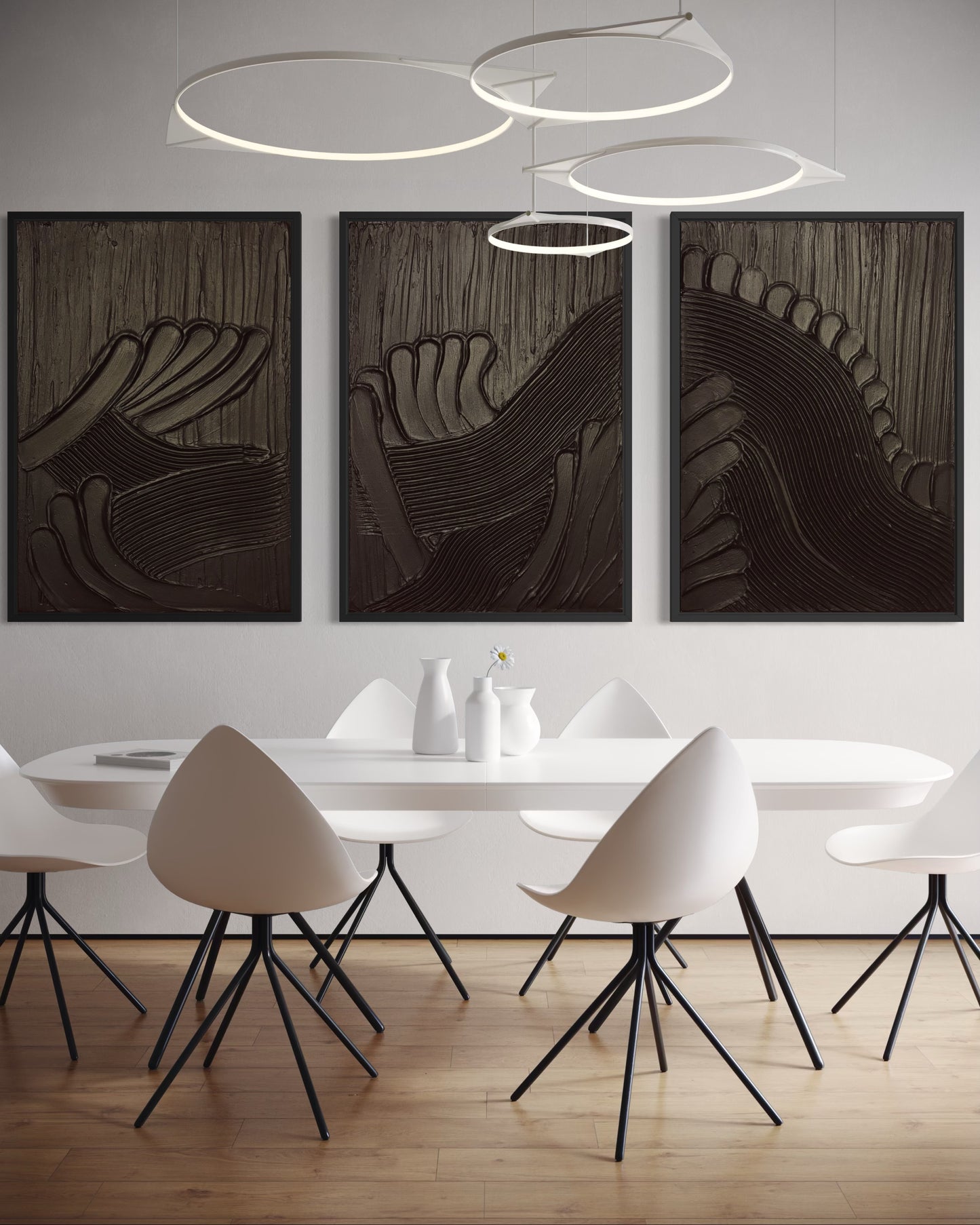 Modern dining room with white chairs, a long table, and abstract wall art.