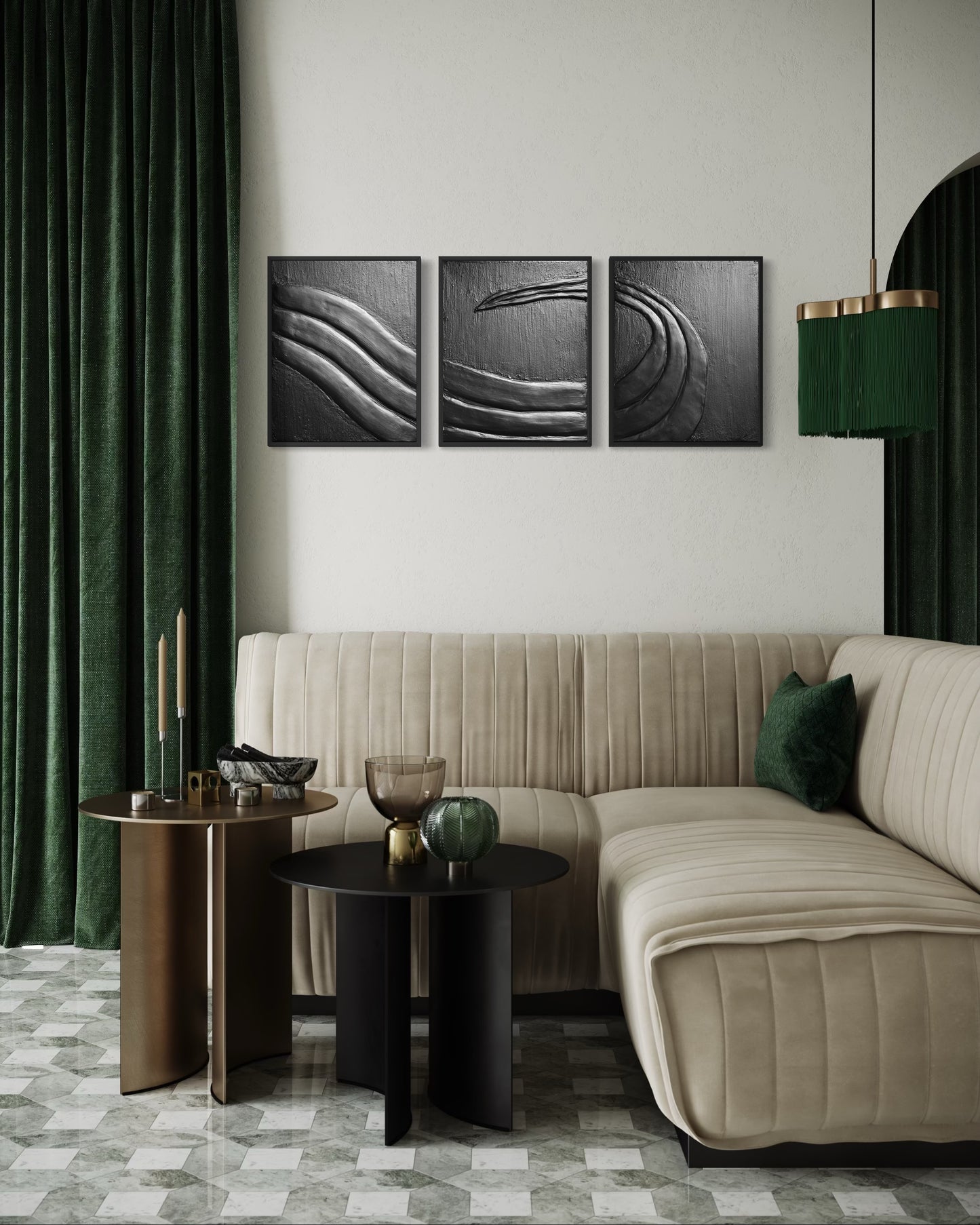 Minimalistyczny czarny tryptyk TRITON – abstrakcyjna fala na naciągniętym płótnie