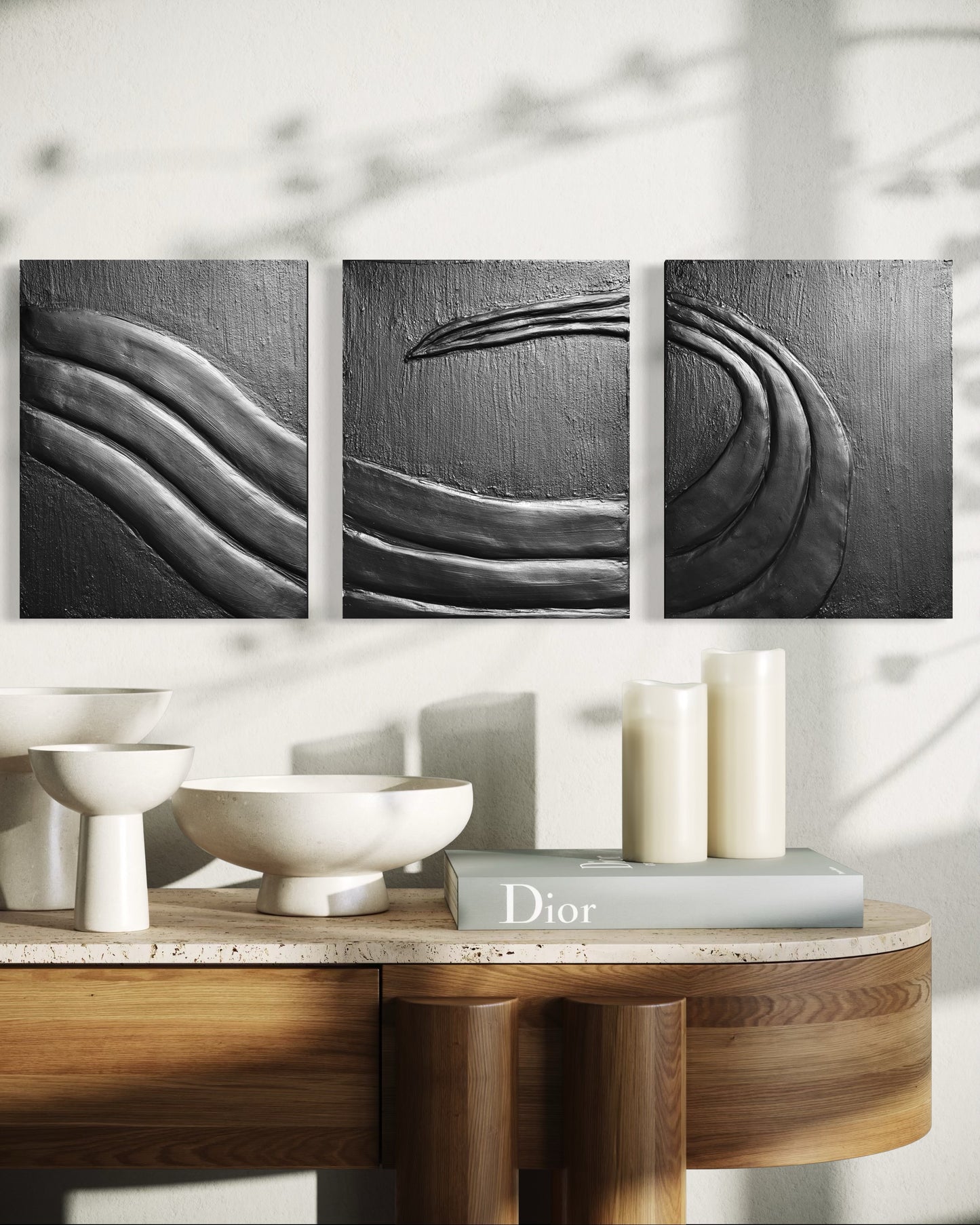 Minimalistyczna dekoracja ścienna TRITON – czarny tryptyk z motywem fali