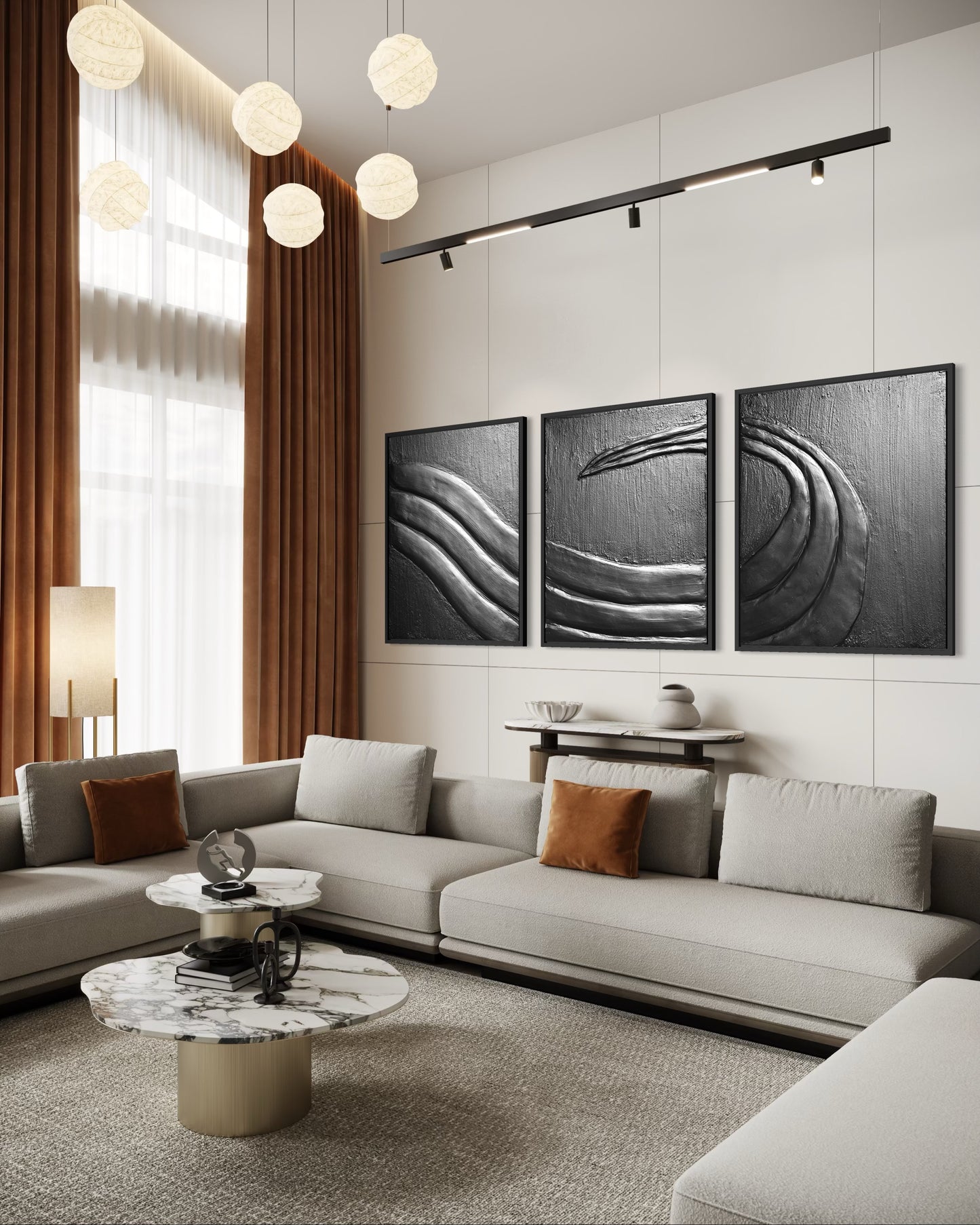 Abstrakcyjny tryptyk TRITON w czerni z rzeźbiarską strukturą powierzchni