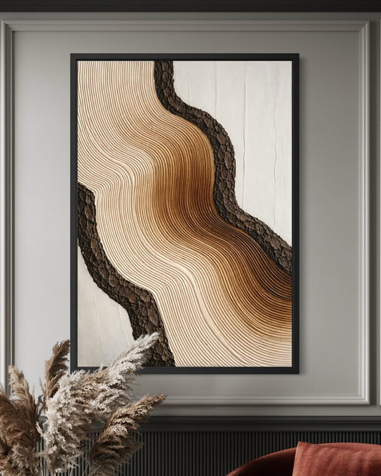 Modern interior with a red armchair, vase with pampas grass, and abstract wall art.