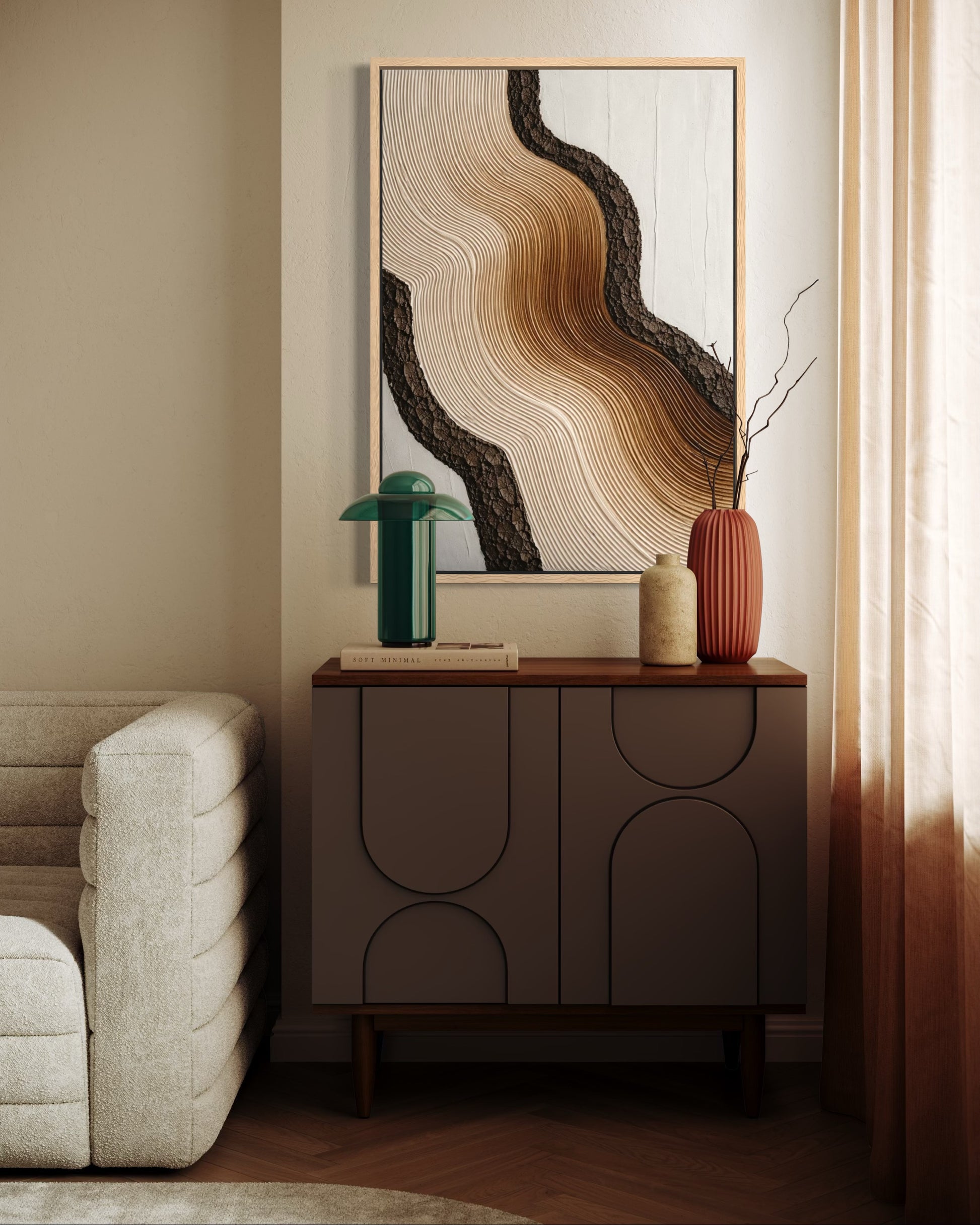 Modern interior with a sideboard, abstract art, and decorative vases.