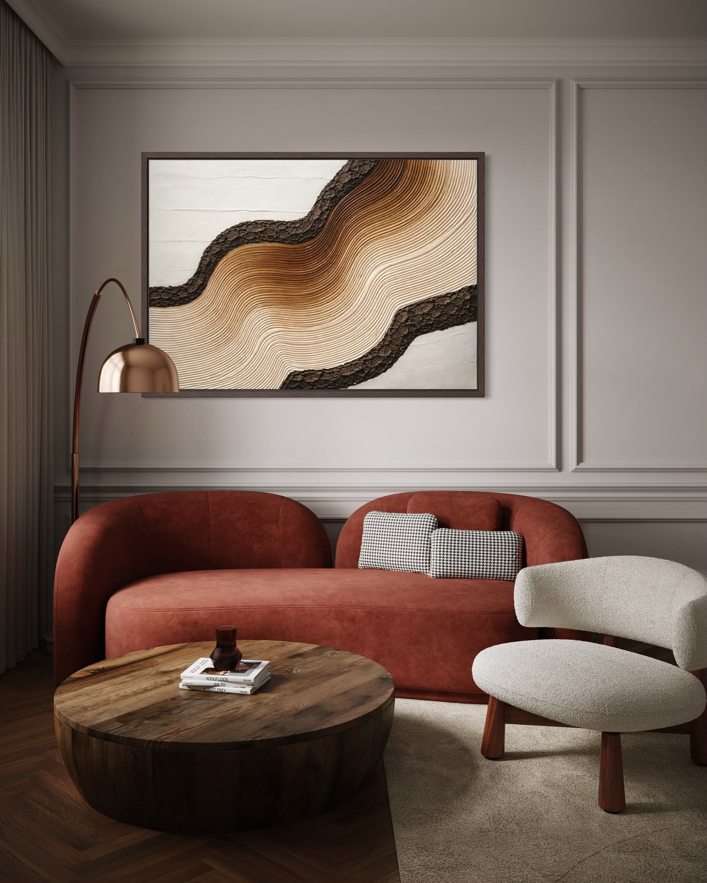 Modern living room with a red sofa, wooden coffee table, and abstract wall art.