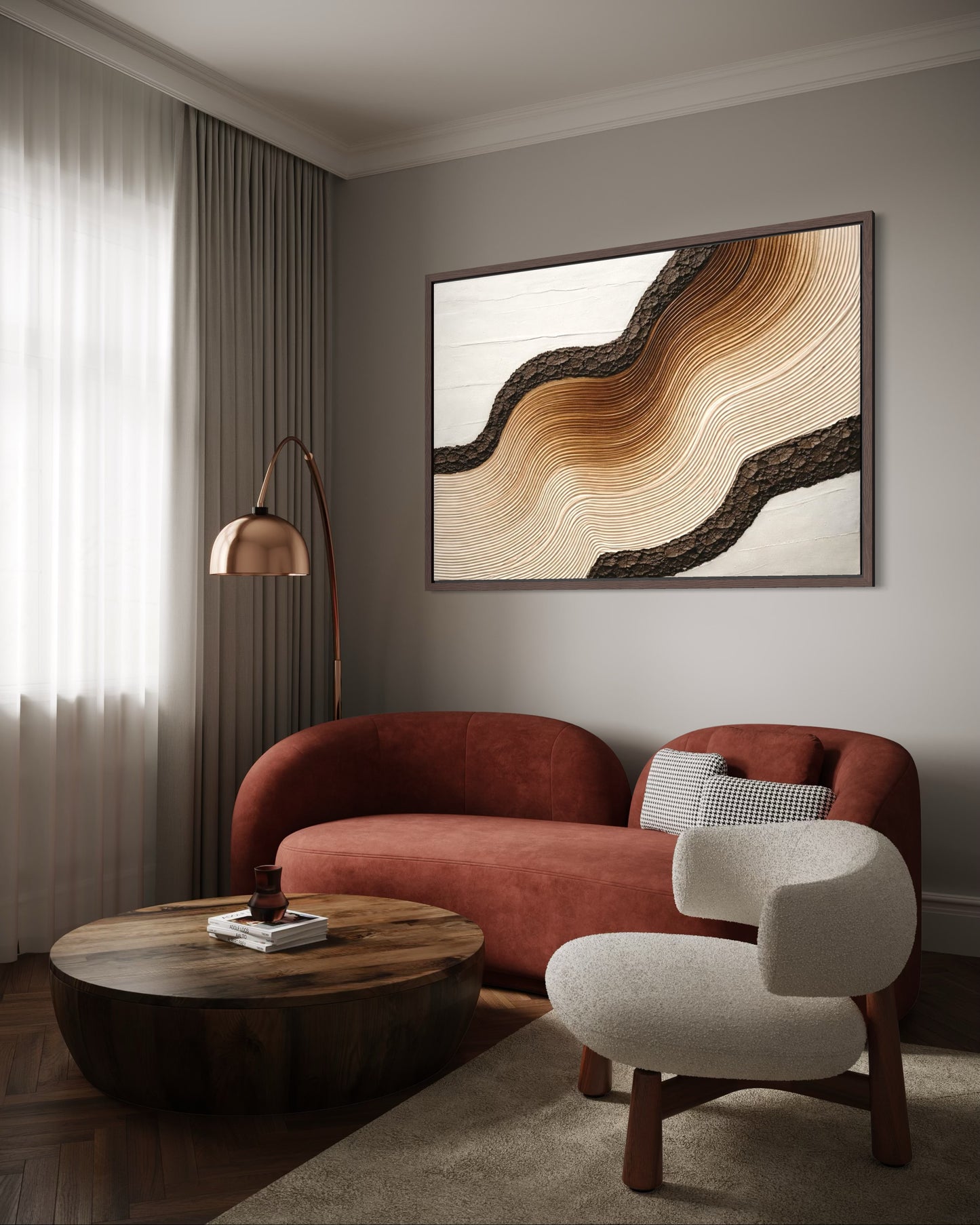 Modern living room with a red sofa, wooden coffee table, and abstract wall art.