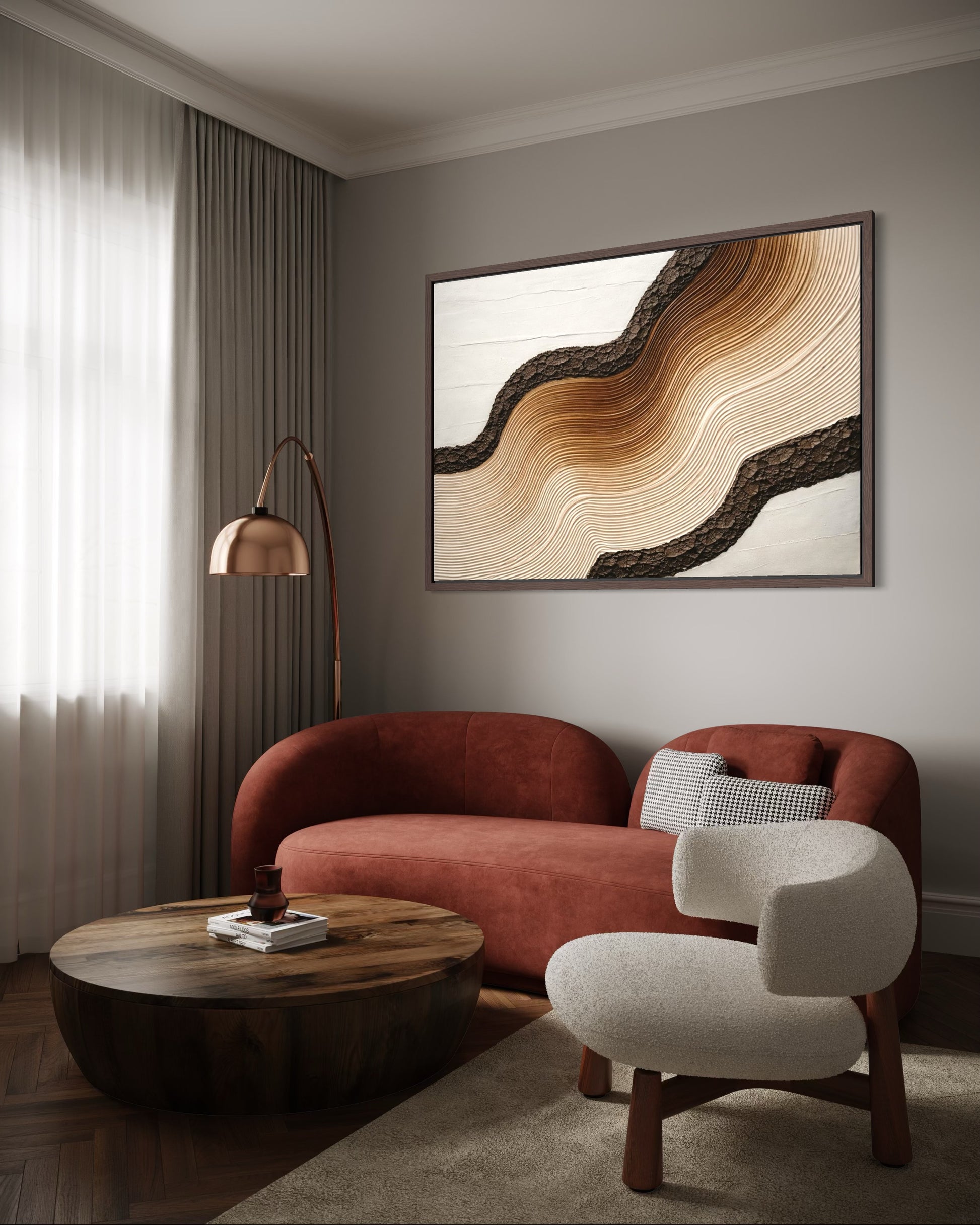 Modern living room with a red sofa, wooden coffee table, and abstract wall art.
