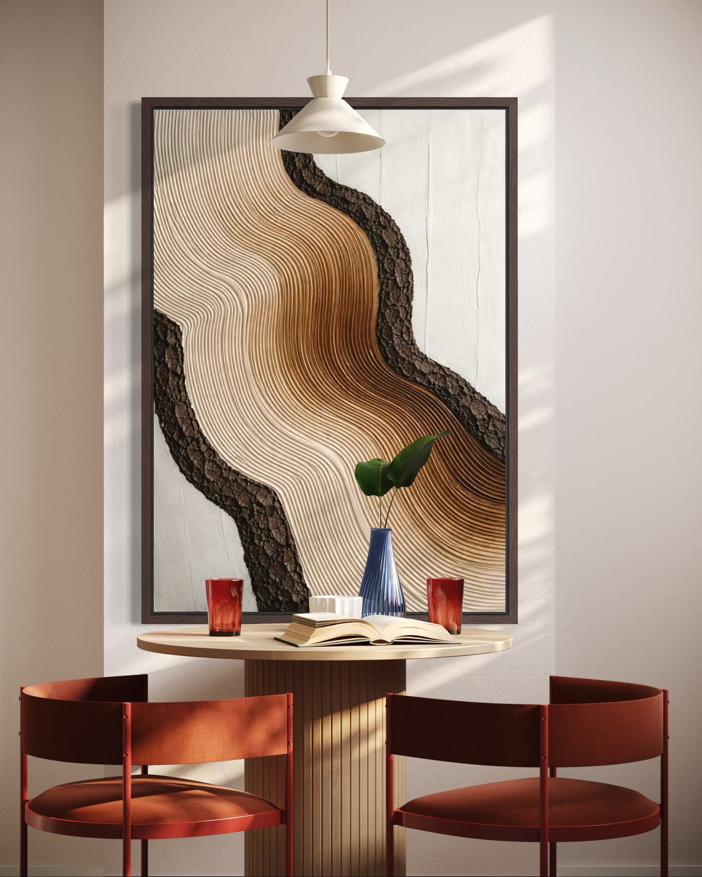 Dining area with a large abstract wall art piece, red chairs, and a small table.