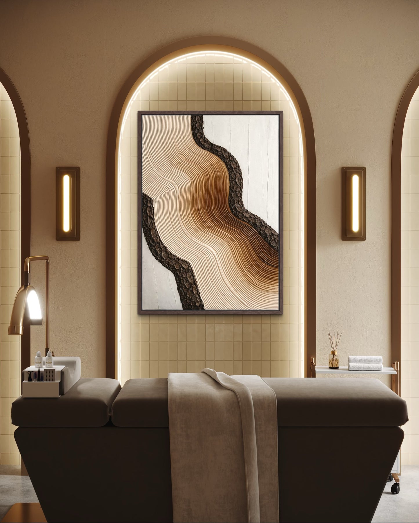 Modern interior design with a abstract wall art piece in a frame.