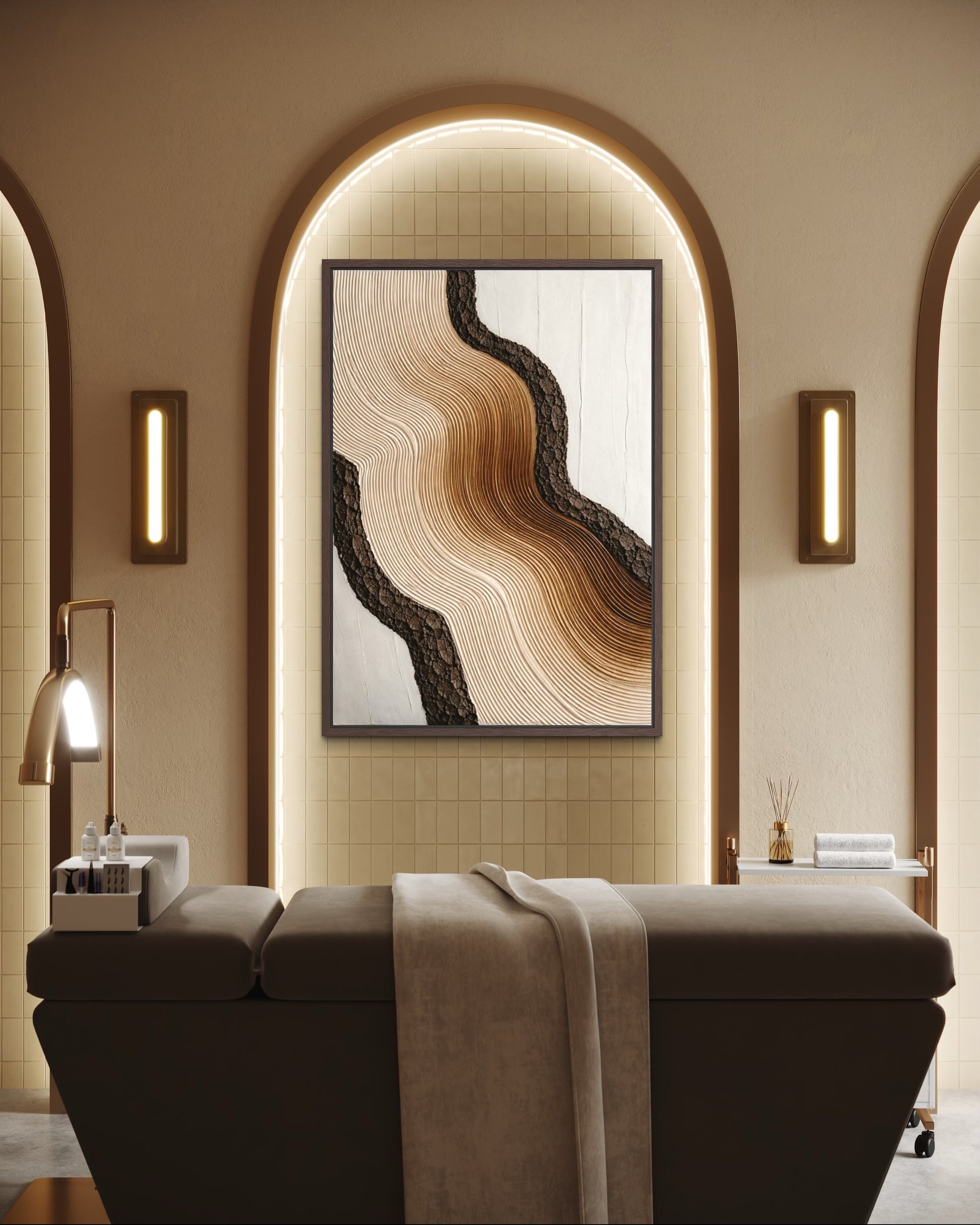 Modern interior design with a abstract wall art piece in a frame.