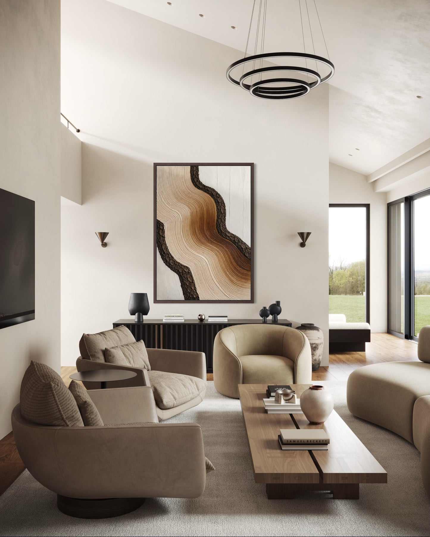 Modern living room with beige furniture, a coffee table, and a large abstract painting on the wall.
