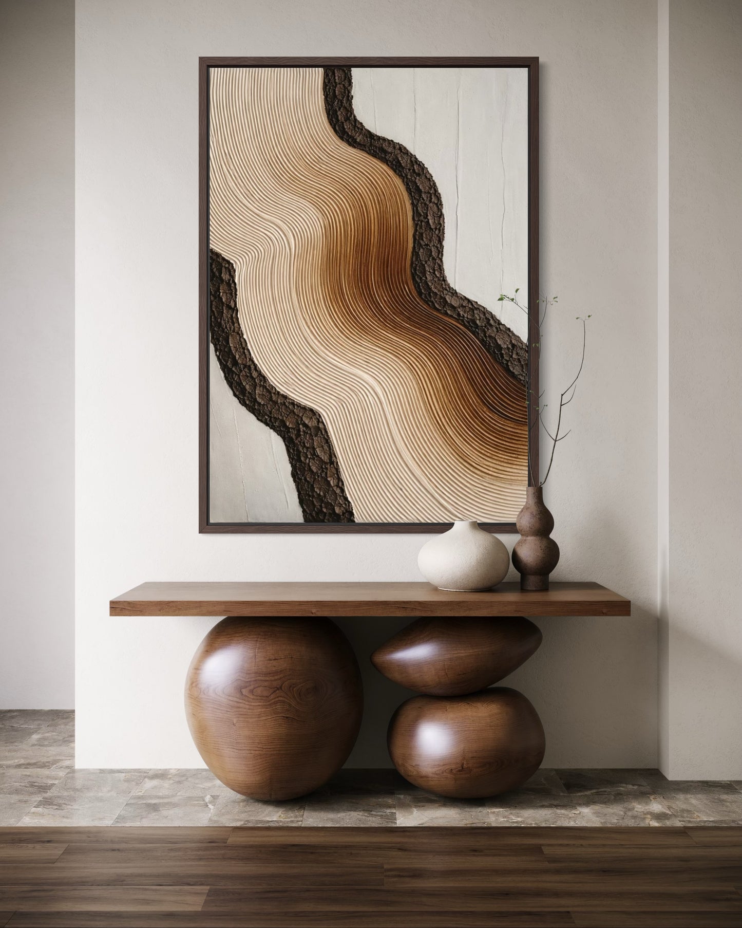Wooden console table with abstract wall art in a room setting