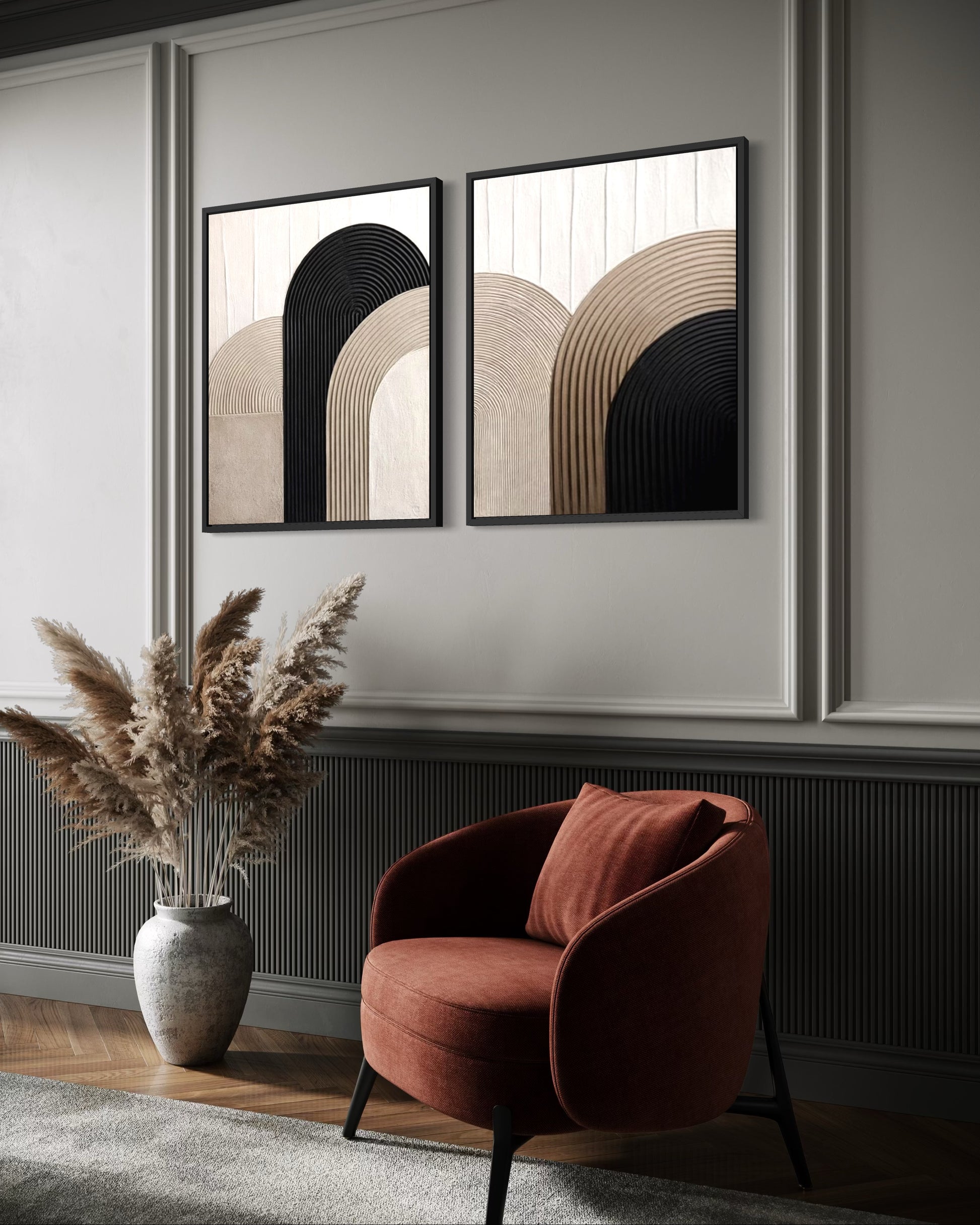 Modern interior with a rust-colored armchair, decorative vase with pampas grass, and abstract wall art.