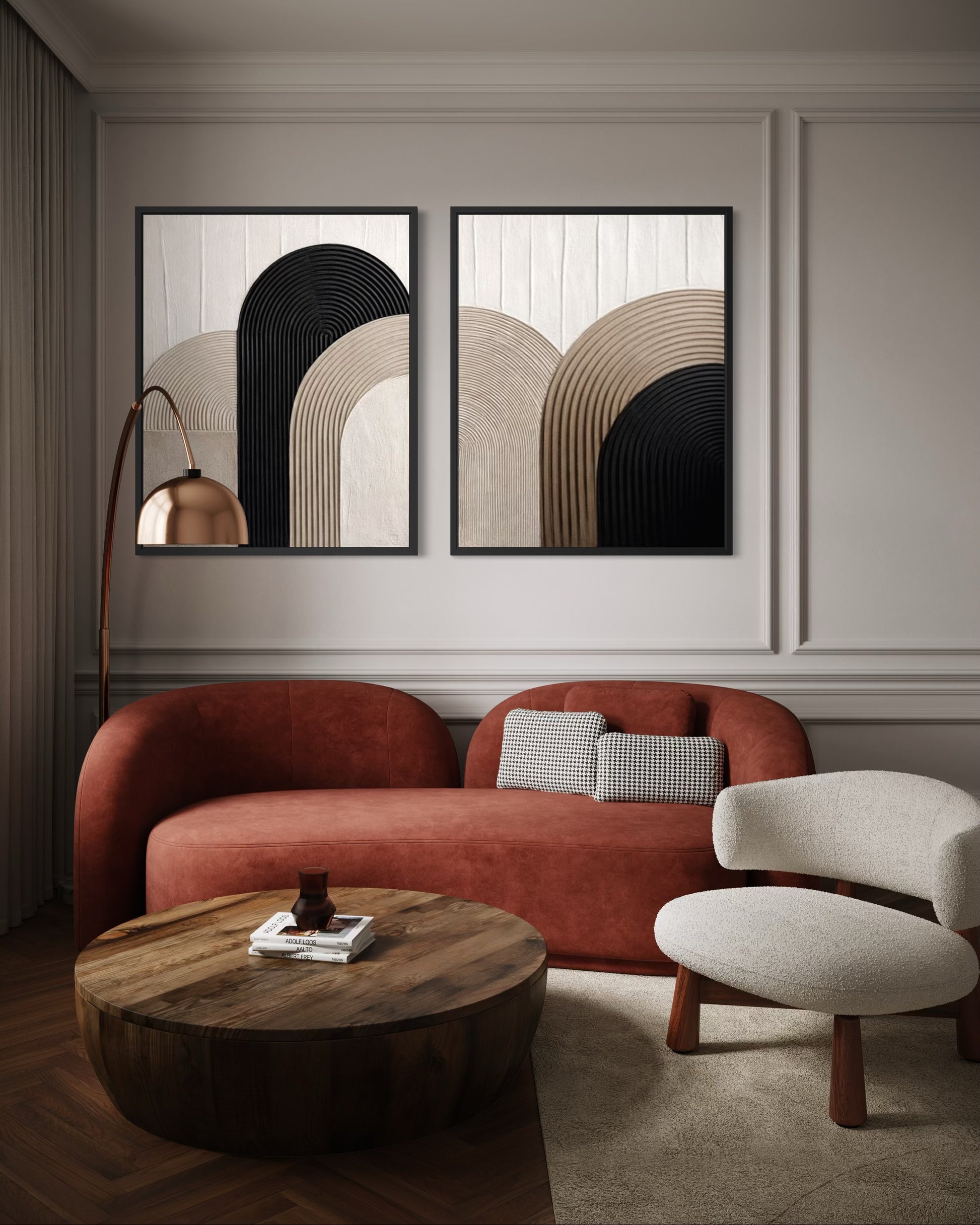 Modern living room with a red sofa, wooden coffee table, and abstract wall art.