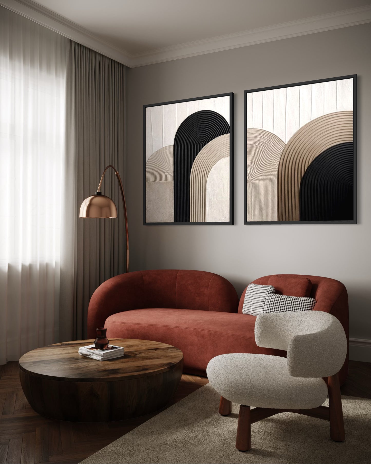 Modern living room with a red sofa, wooden coffee table, and abstract wall art.