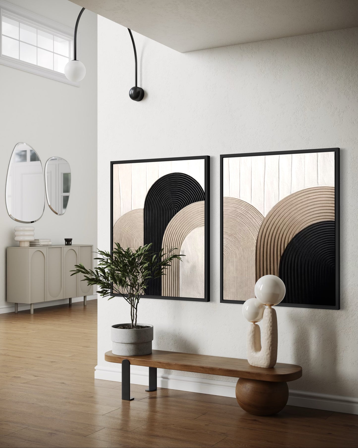 Modern interior with abstract wall art, a bench, and decorative items.