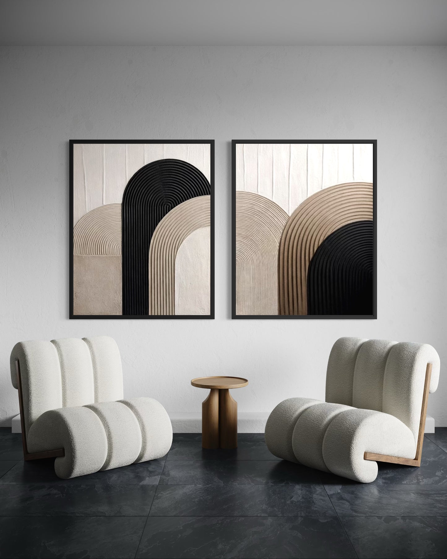 Modern interior with abstract wall art and stylish furniture