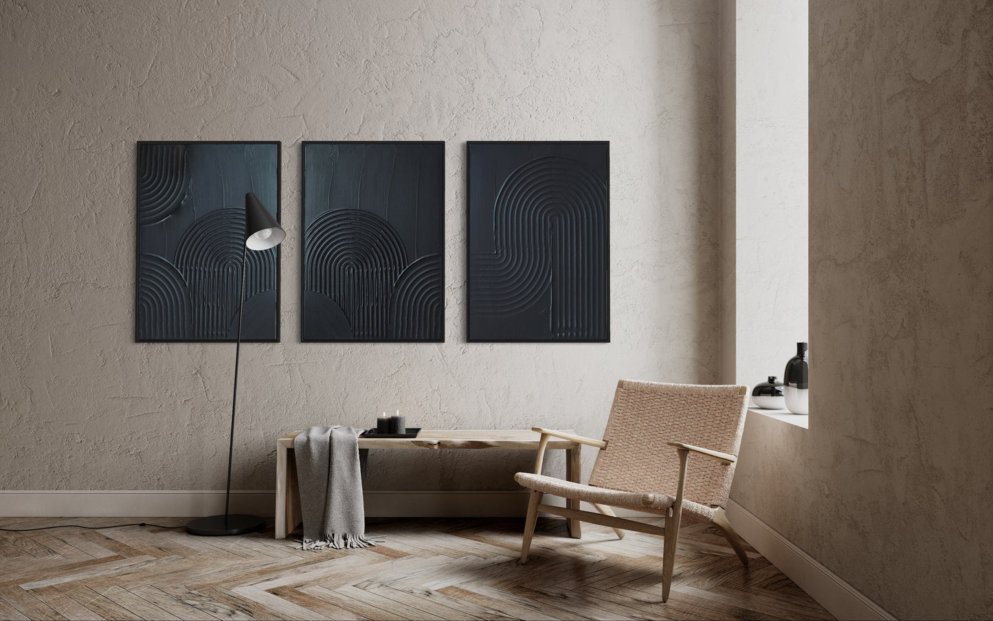  ZEN ARCH set of 3 in classic black – a minimalist and modern triptych of textured art pieces designed to bring harmony and sophistication to any room. 