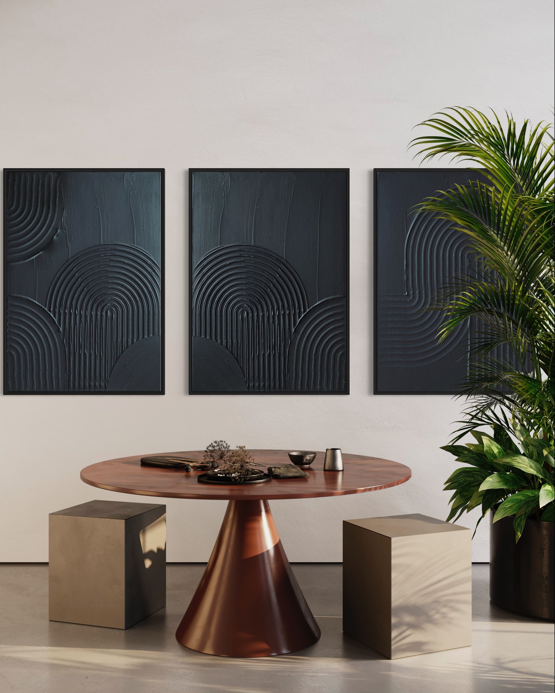  ZEN ARCH set of 3 in classic black – a minimalist and modern triptych of textured art pieces designed to bring harmony and sophistication to any room. 