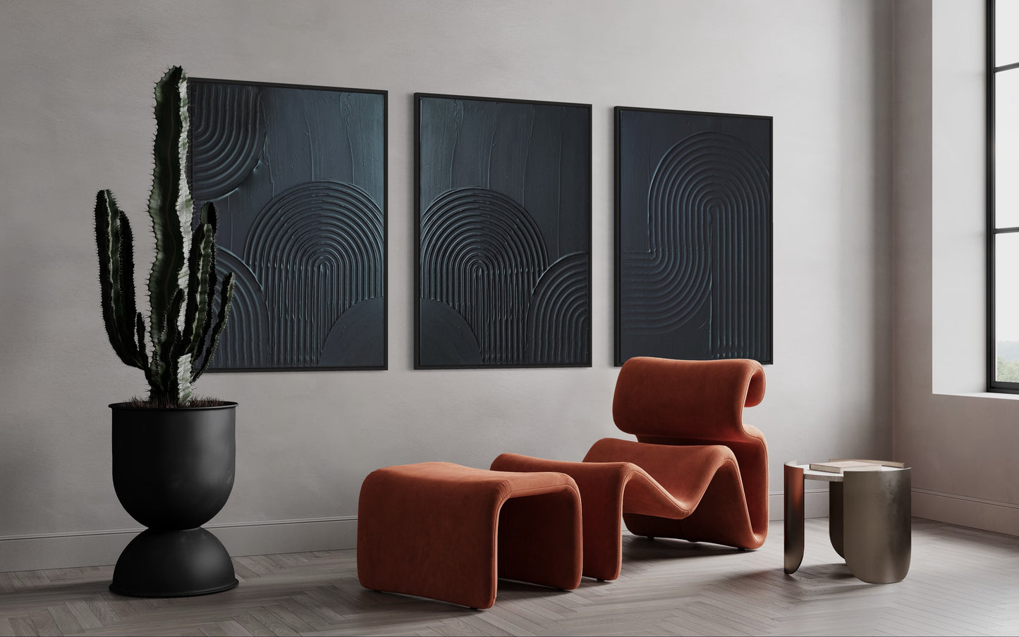  ZEN ARCH set of 3 in classic black – a minimalist and modern triptych of textured art pieces designed to bring harmony and sophistication to any room. 