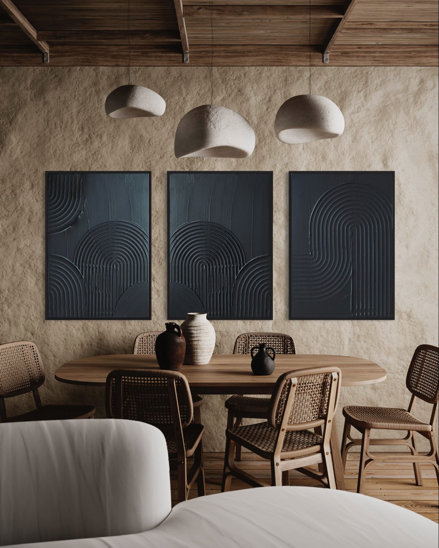  ZEN ARCH set of 3 in classic black – a minimalist and modern triptych of textured art pieces designed to bring harmony and sophistication to any room. 