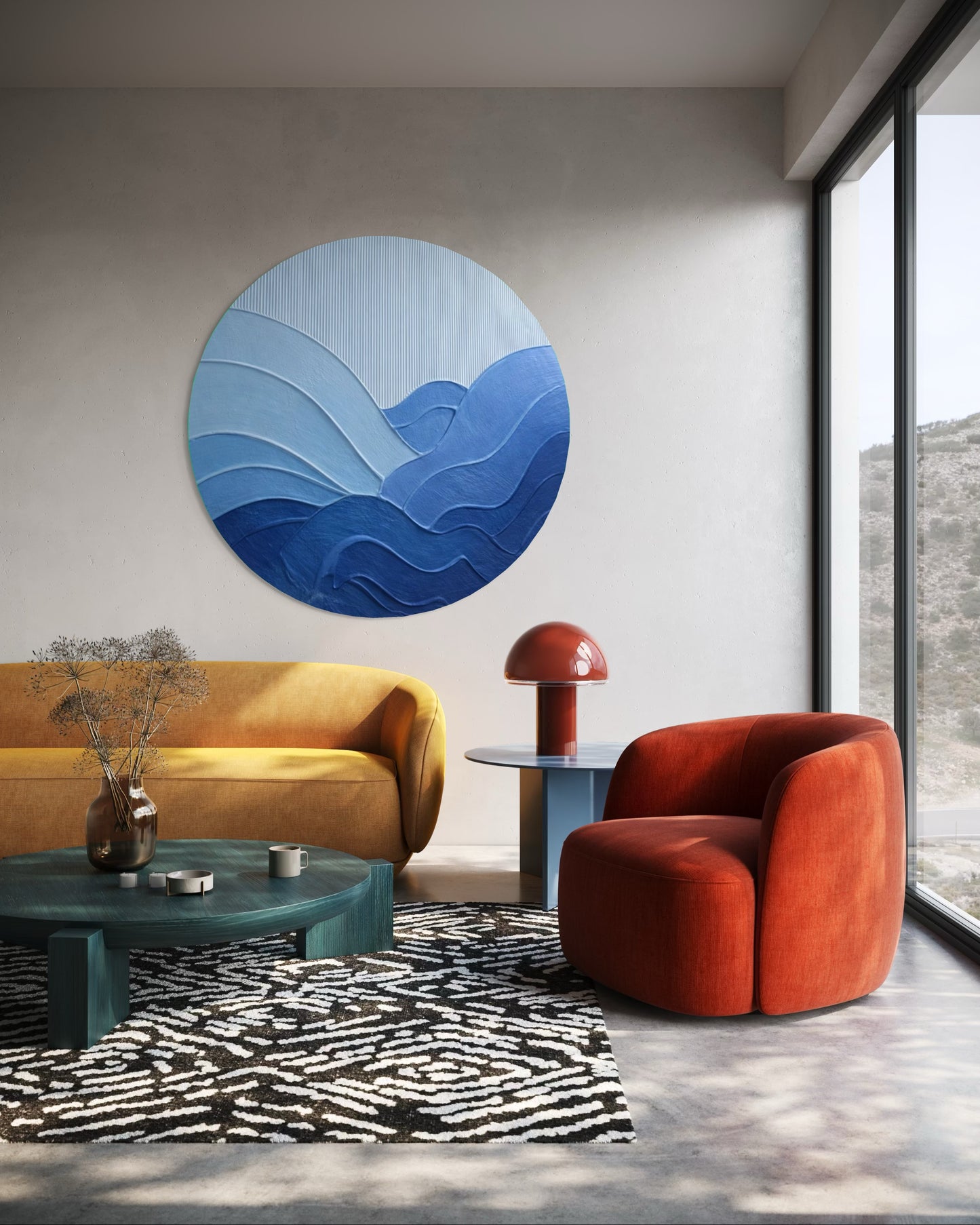 Modern living room with a blue abstract wall art piece, orange sofa, and red chair.