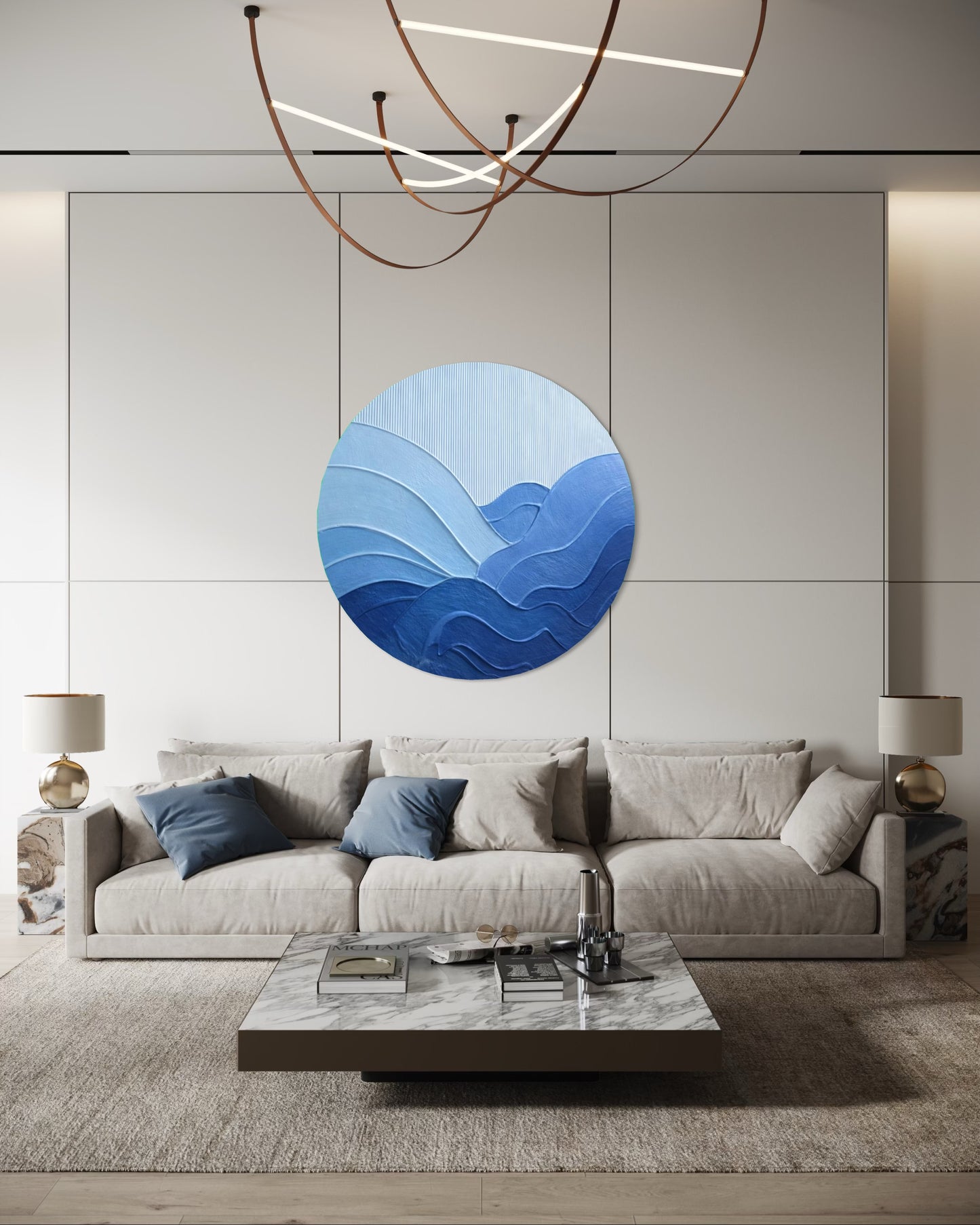 Modern living room with a blue abstract wall art piece
