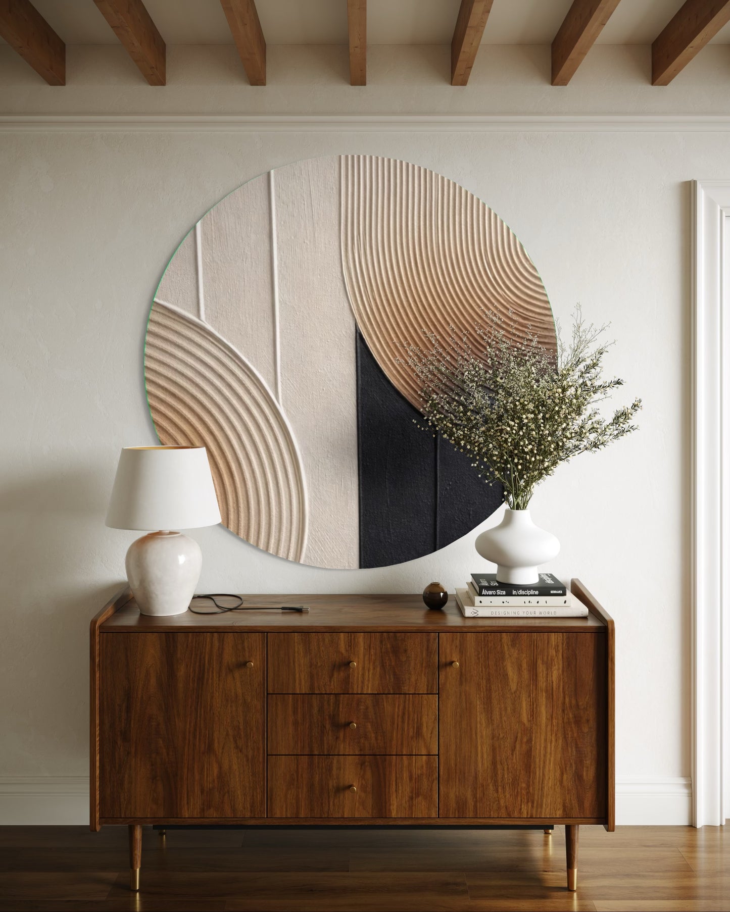 Wooden sideboard with decorative mirror and lamp in a room with wooden beams.