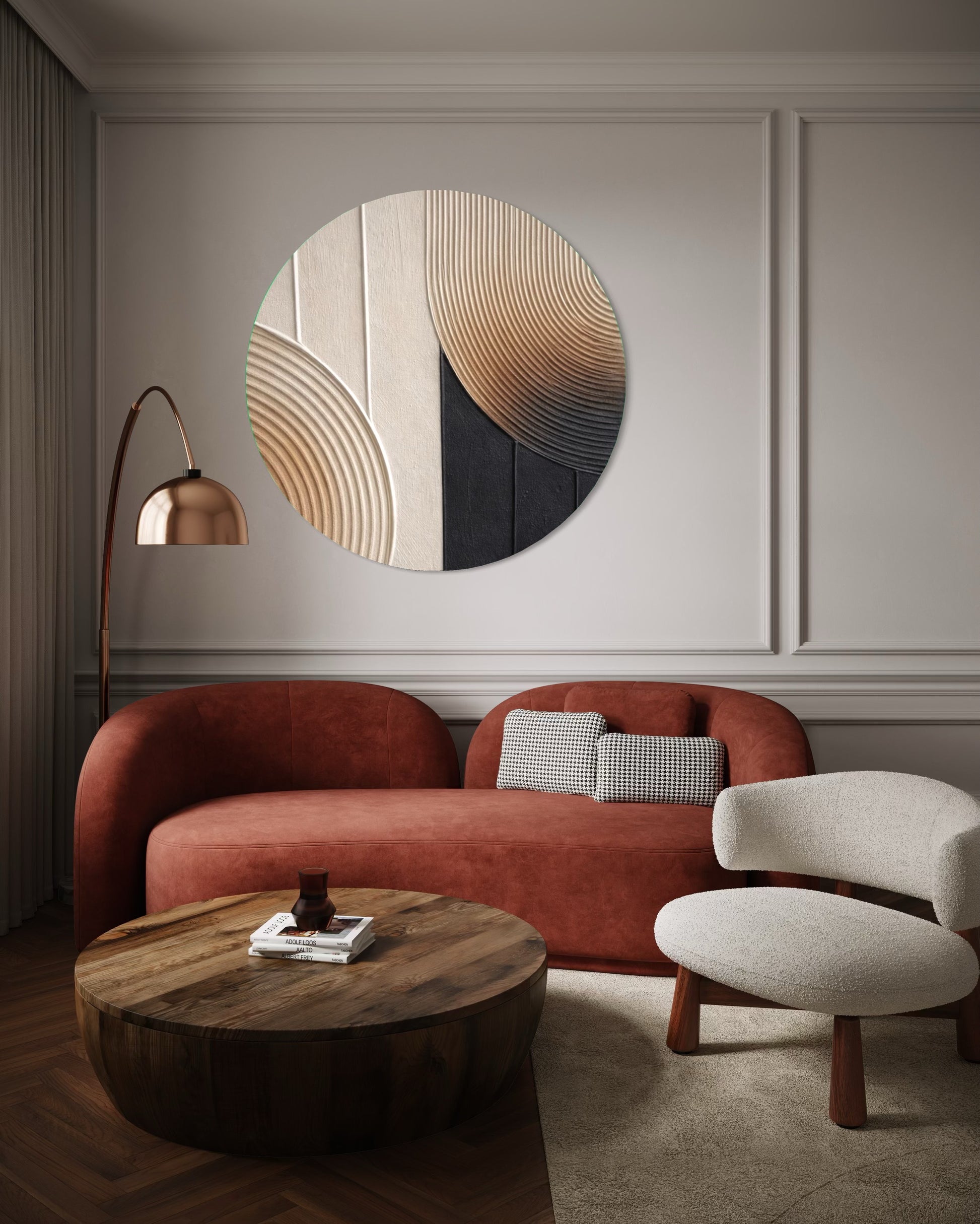 Modern living room with a red sofa, wooden coffee table, and abstract wall art.