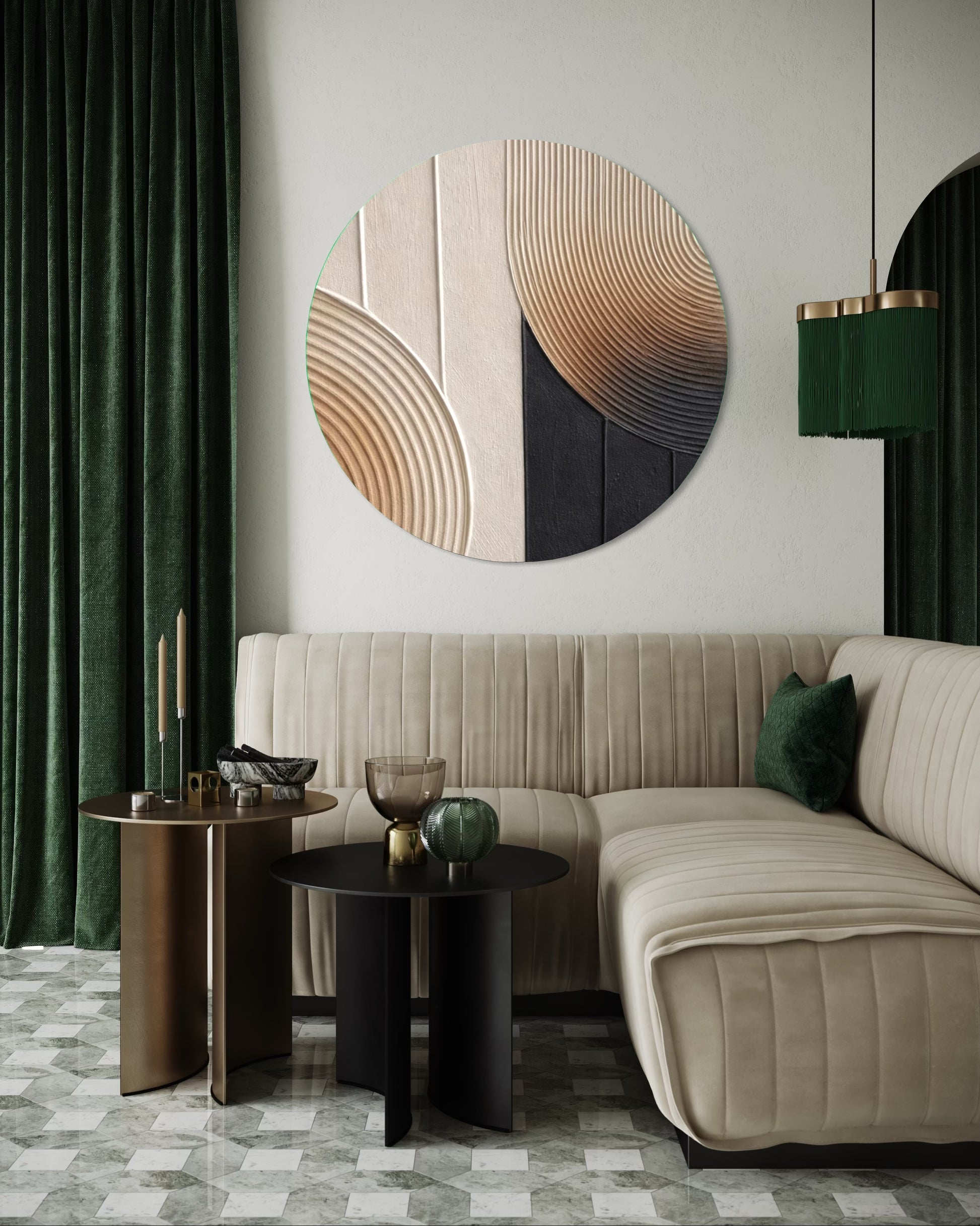 Modern living room with a beige sofa, decorative wall art, and side tables.