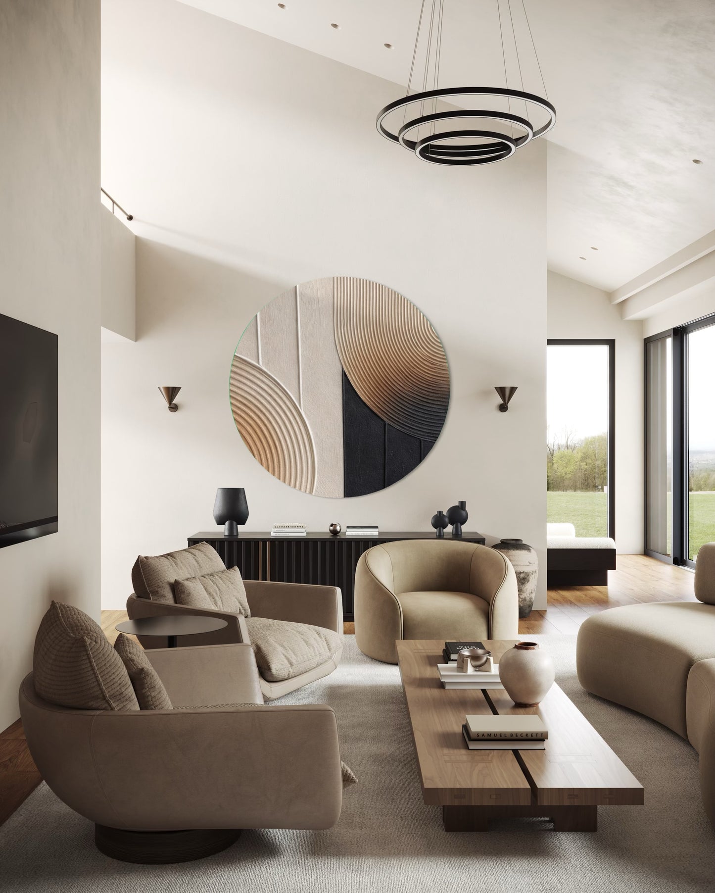 Modern living room with beige furniture and decorative wall art